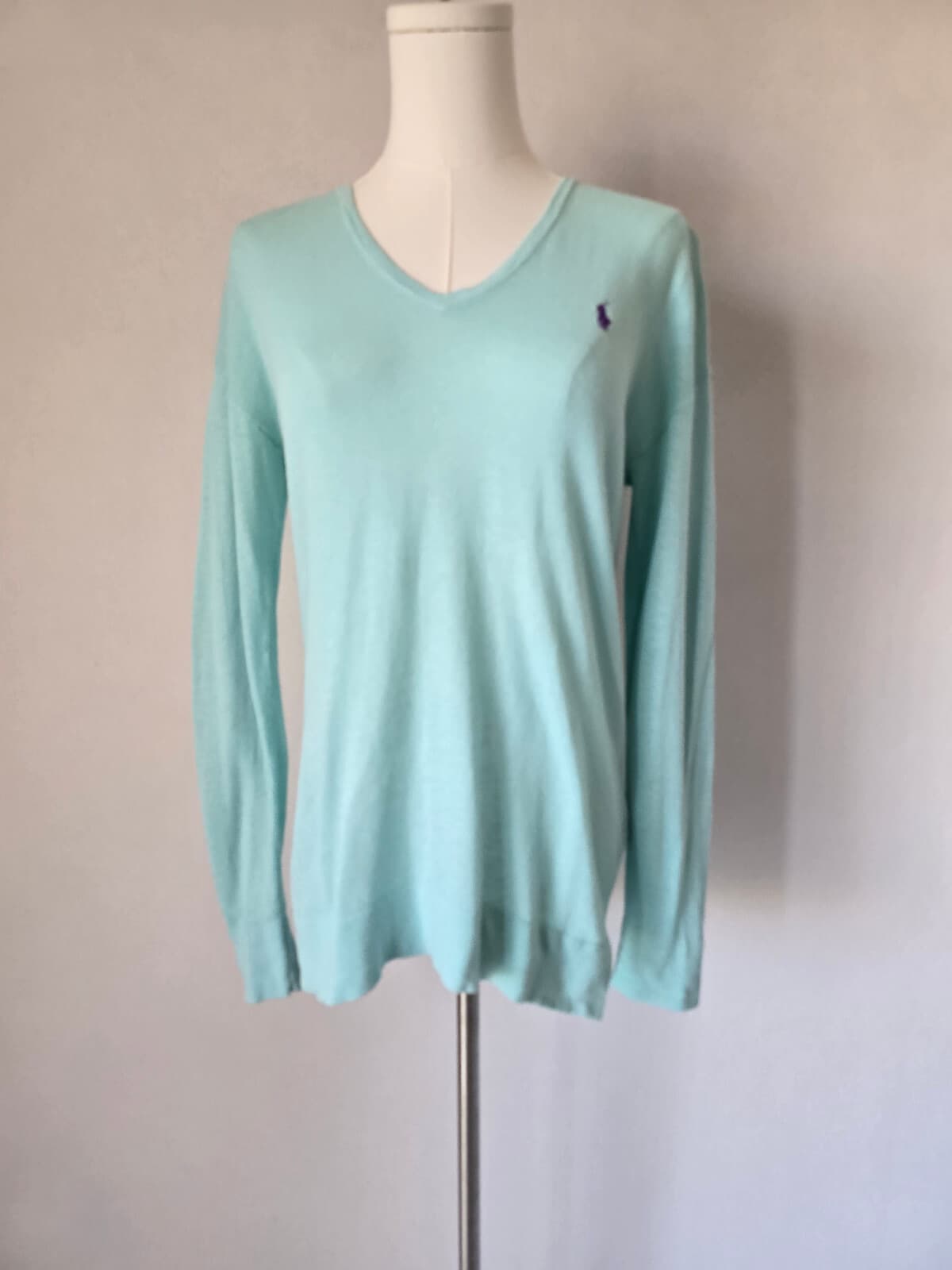 Polo Ralph Lauren Pony Linen Cotton Blend V-Neck Sweater Pale Blue Women's M - Thumbnail 2