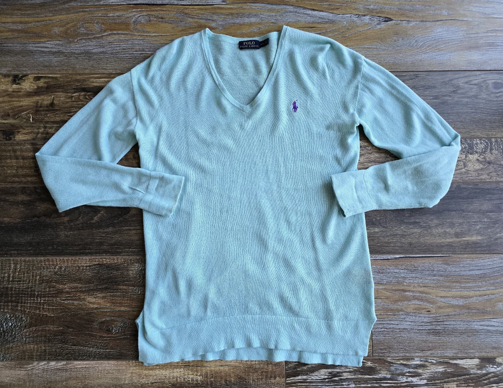 Polo Ralph Lauren Pony Linen Cotton Blend V-Neck Sweater Pale Blue Women's M - Thumbnail 6