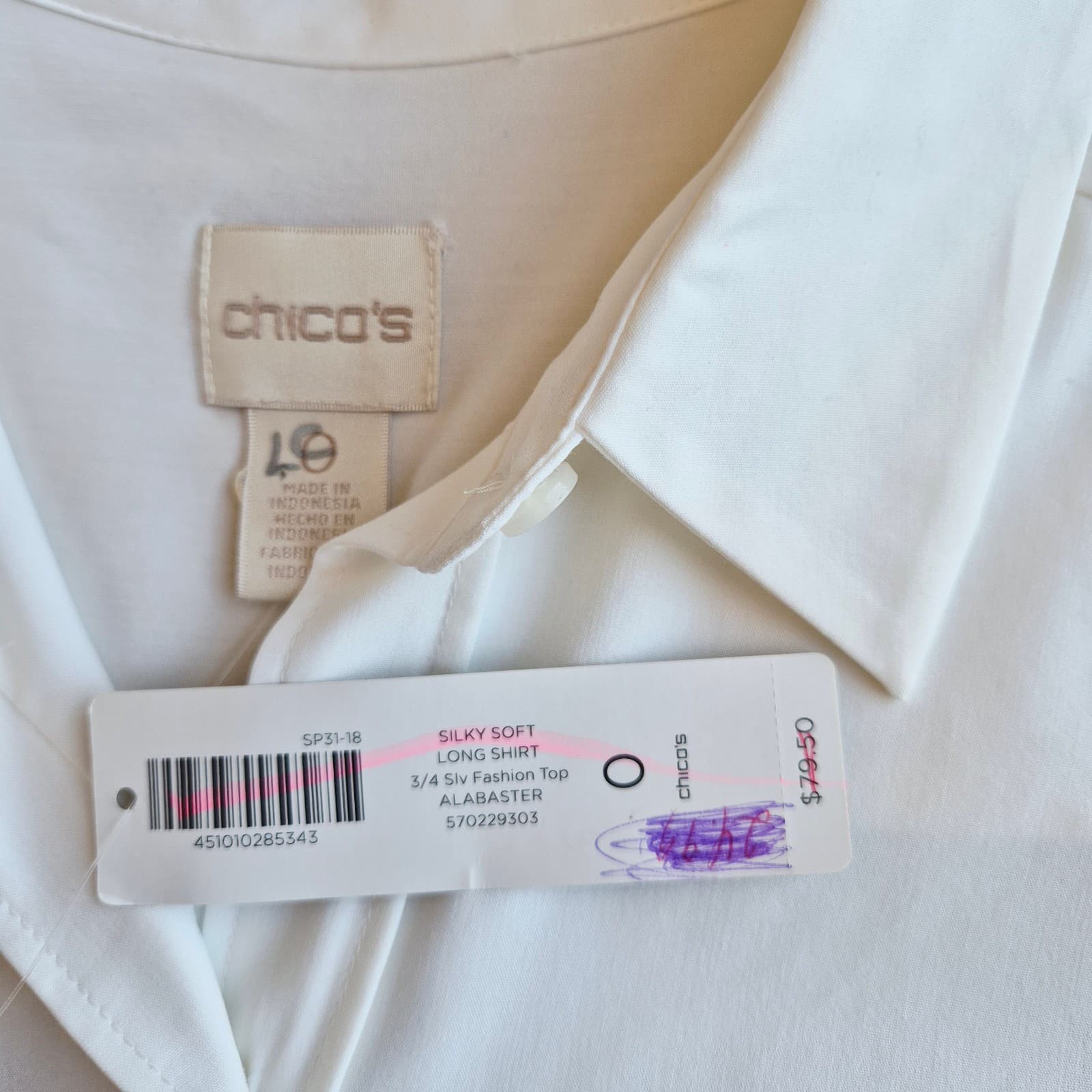 NWT Chico's Silky Soft Button-Up Long Shirt 3/4 Sleeve Pocket Alabaster Sz.0 4/6 - Thumbnail 5