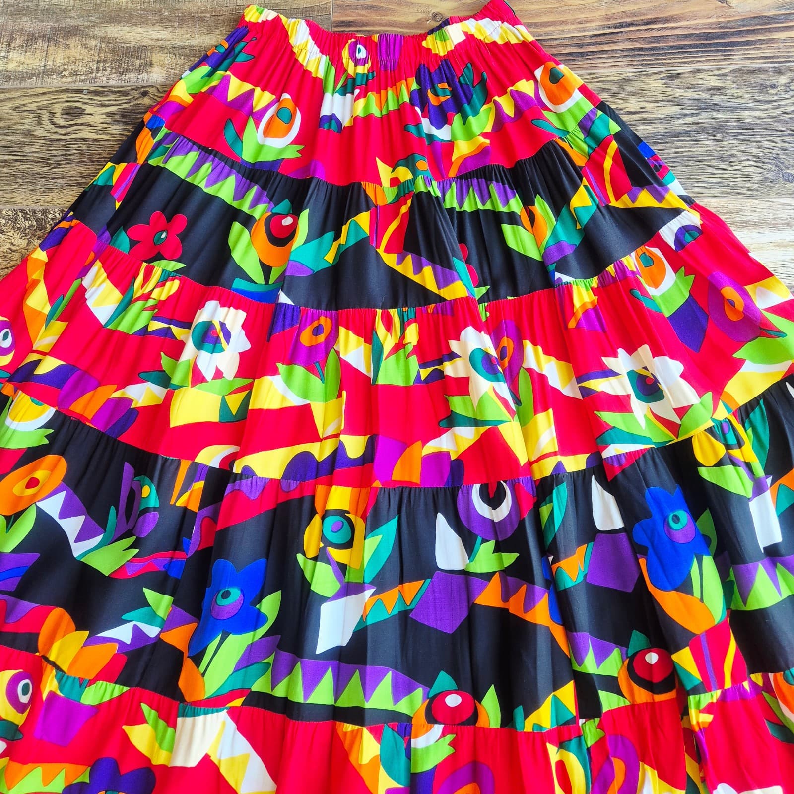 Vintage Ali Miles Vibrant Floral Animal Tiered Maxi Skirt Elastic Waist Size 12 - Thumbnail 4