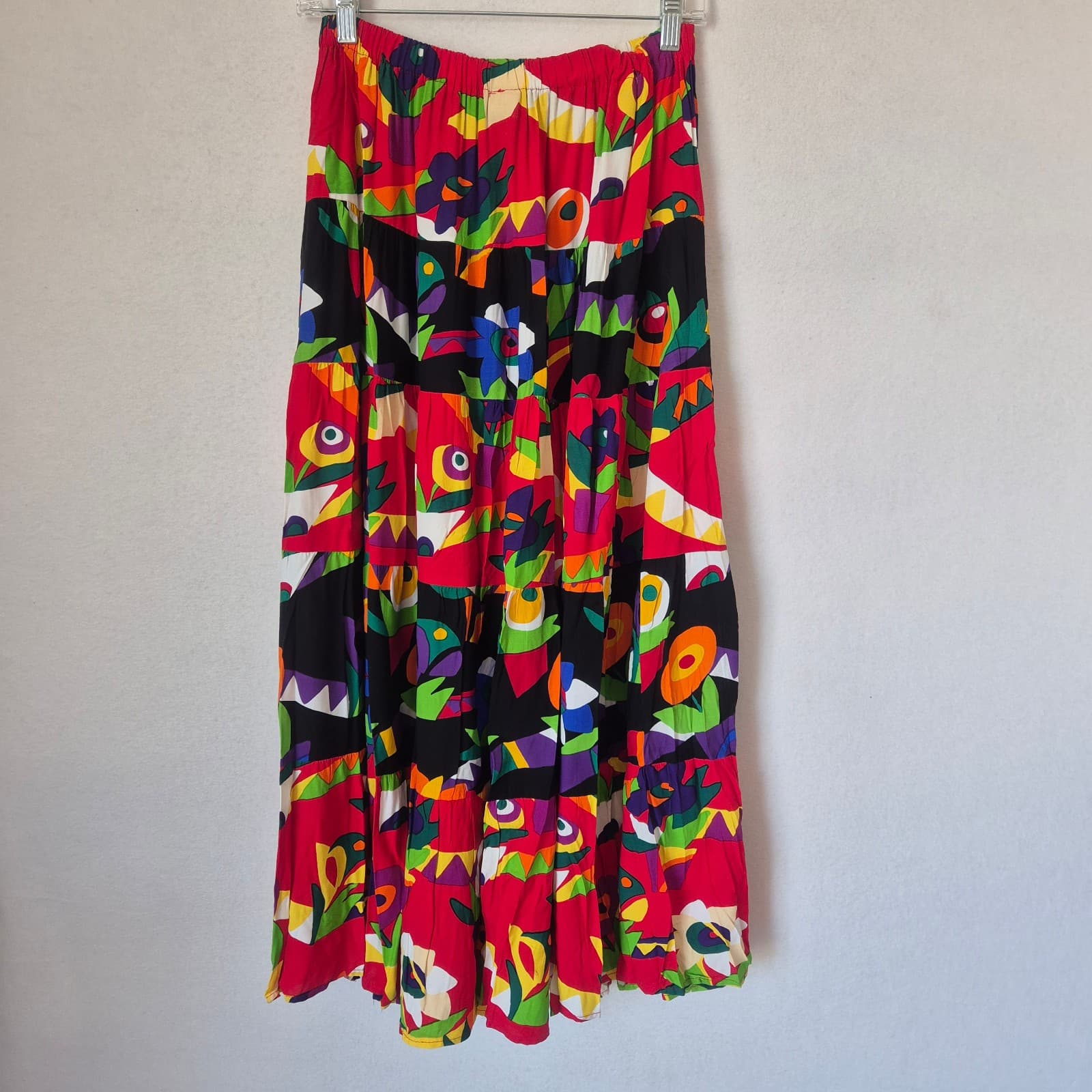 Vintage Ali Miles Vibrant Floral Animal Tiered Maxi Skirt Elastic Waist Size 12 - Thumbnail 3