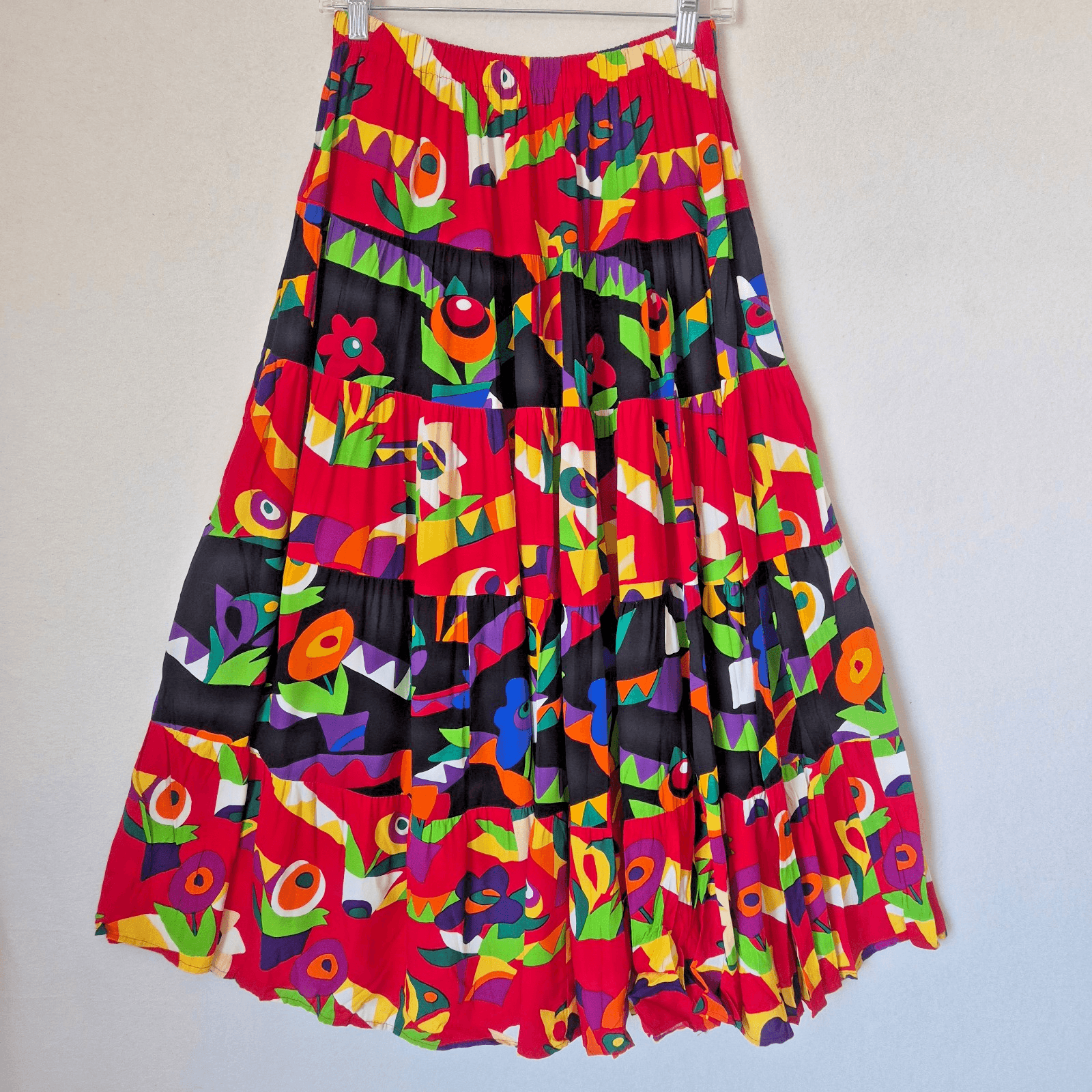 Vintage Ali Miles Vibrant Floral Animal Tiered Maxi Skirt Elastic Waist Size 12 - Thumbnail 2