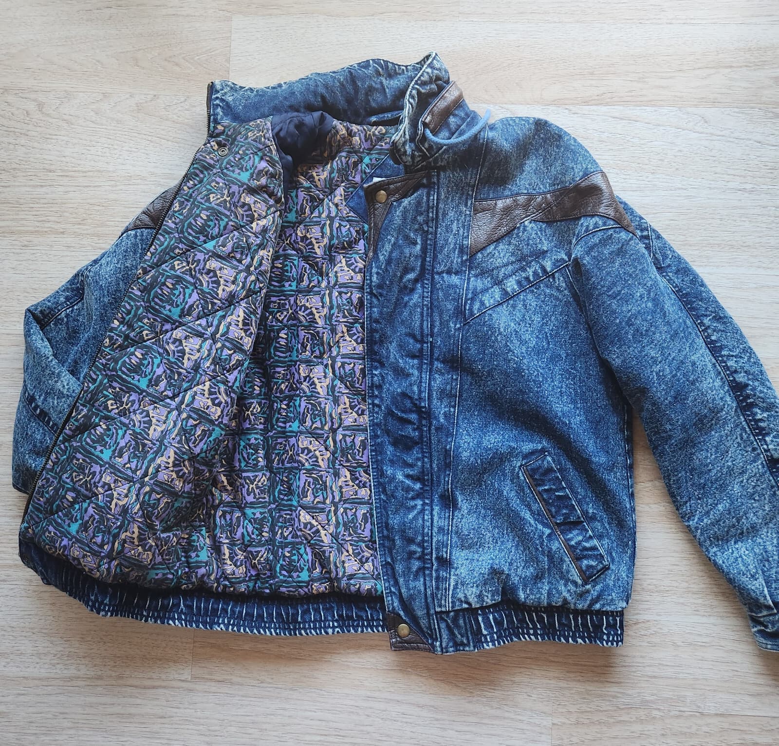 Vintage Eagle's Ridge Acid Denim Faux Leather Trim Bomber Jacket Quilt-Lining XL - Thumbnail 2