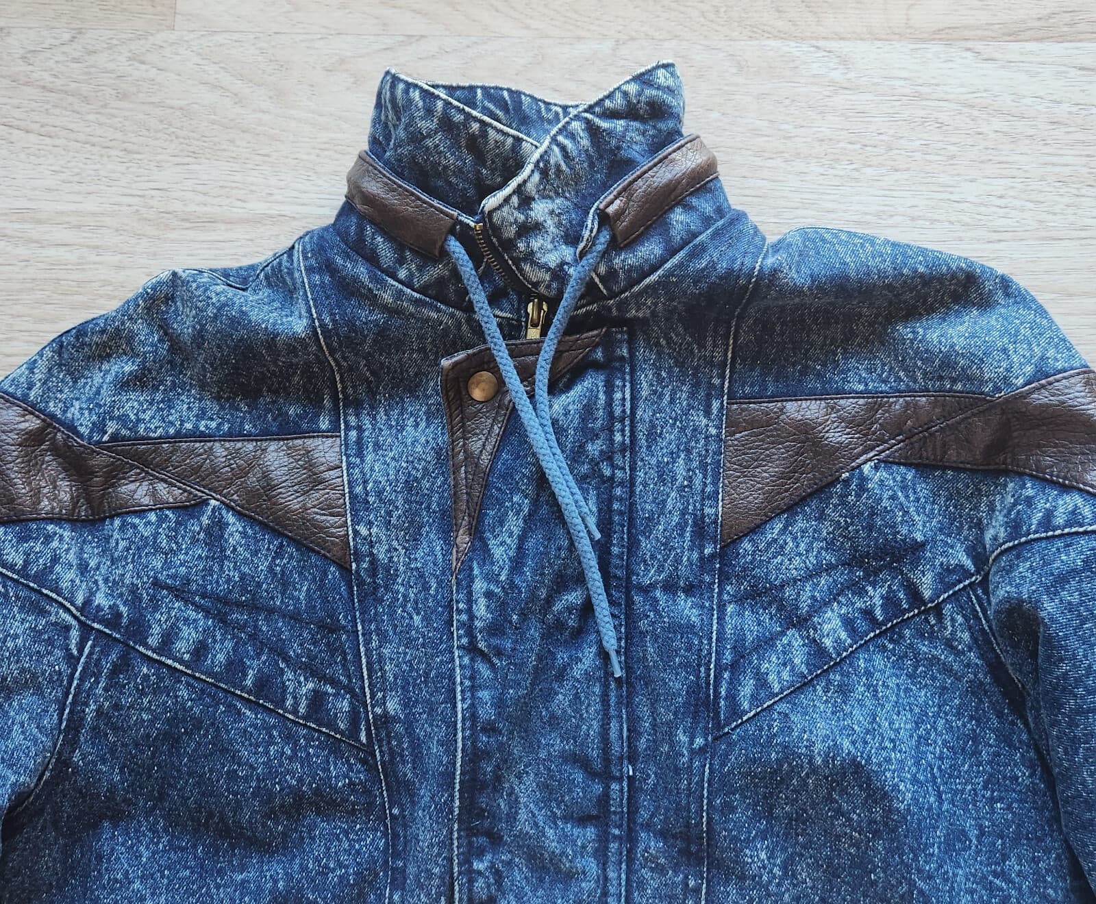 Vintage Eagle's Ridge Acid Denim Faux Leather Trim Bomber Jacket Quilt-Lining XL - Thumbnail 3