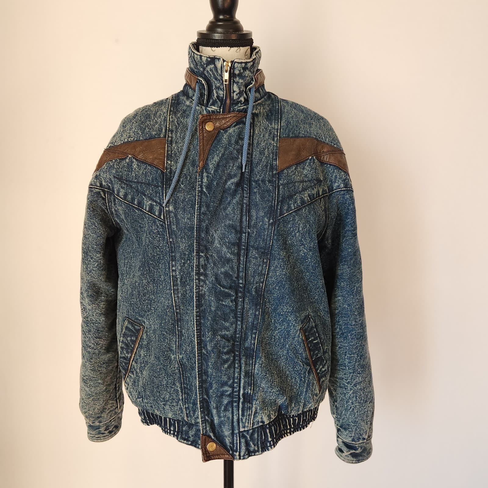 Vintage Eagle's Ridge Acid Denim Faux Leather Trim Bomber Jacket Quilt-Lining XL - Thumbnail 4