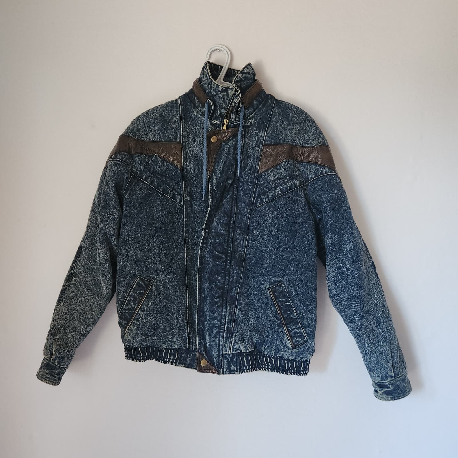 Vintage Eagle's Ridge Acid Denim Faux Leather Trim Bomber Jacket Quilt-Lining XL - Thumbnail 5
