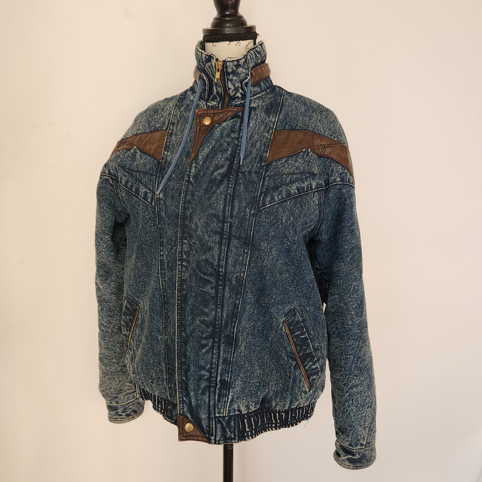 Vintage Eagle's Ridge Acid Denim Faux Leather Trim Bomber Jacket Quilt-Lining XL - Thumbnail 6