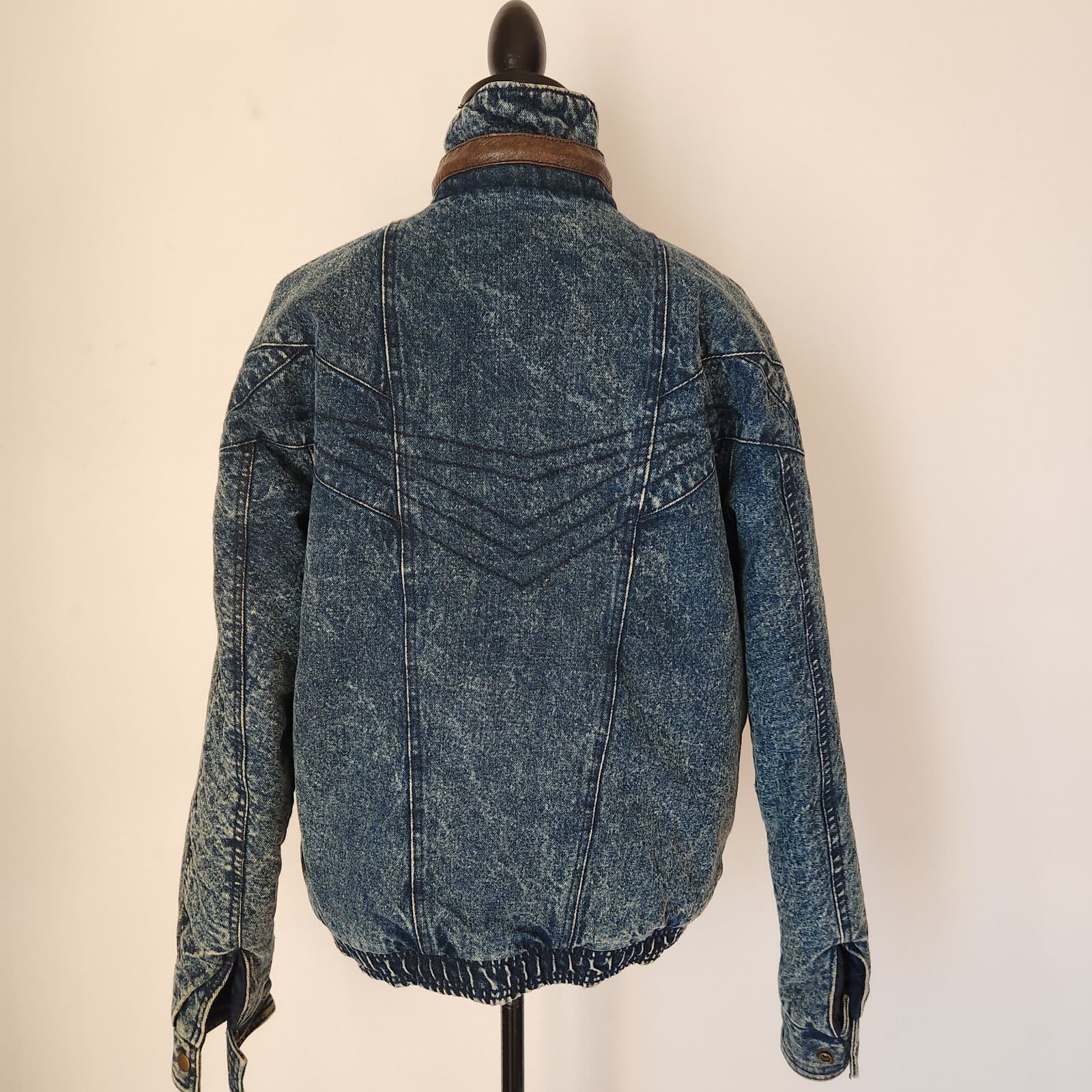 Vintage Eagle's Ridge Acid Denim Faux Leather Trim Bomber Jacket Quilt-Lining XL - Thumbnail 7