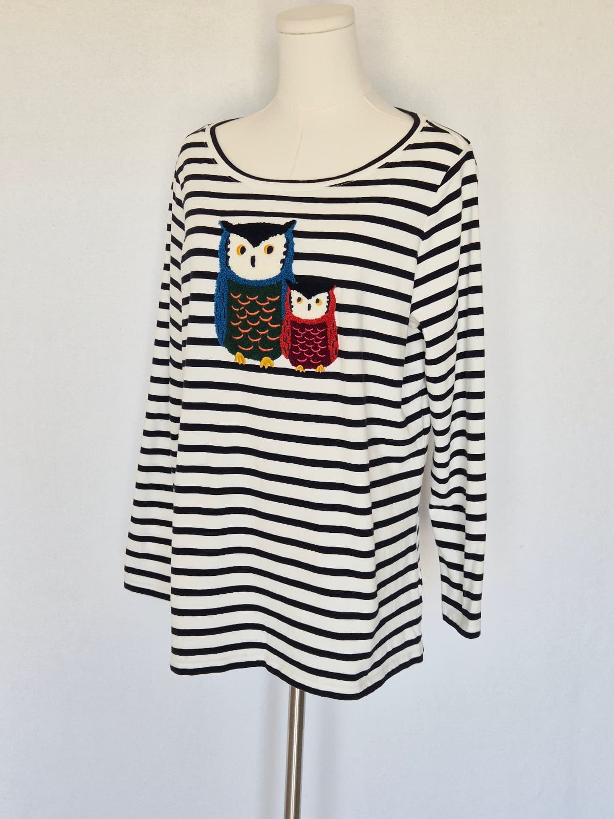 Talbots Embroidered Owl Friends Open Crewneck T-Shirt Stripe Black White Plus X - Thumbnail 3