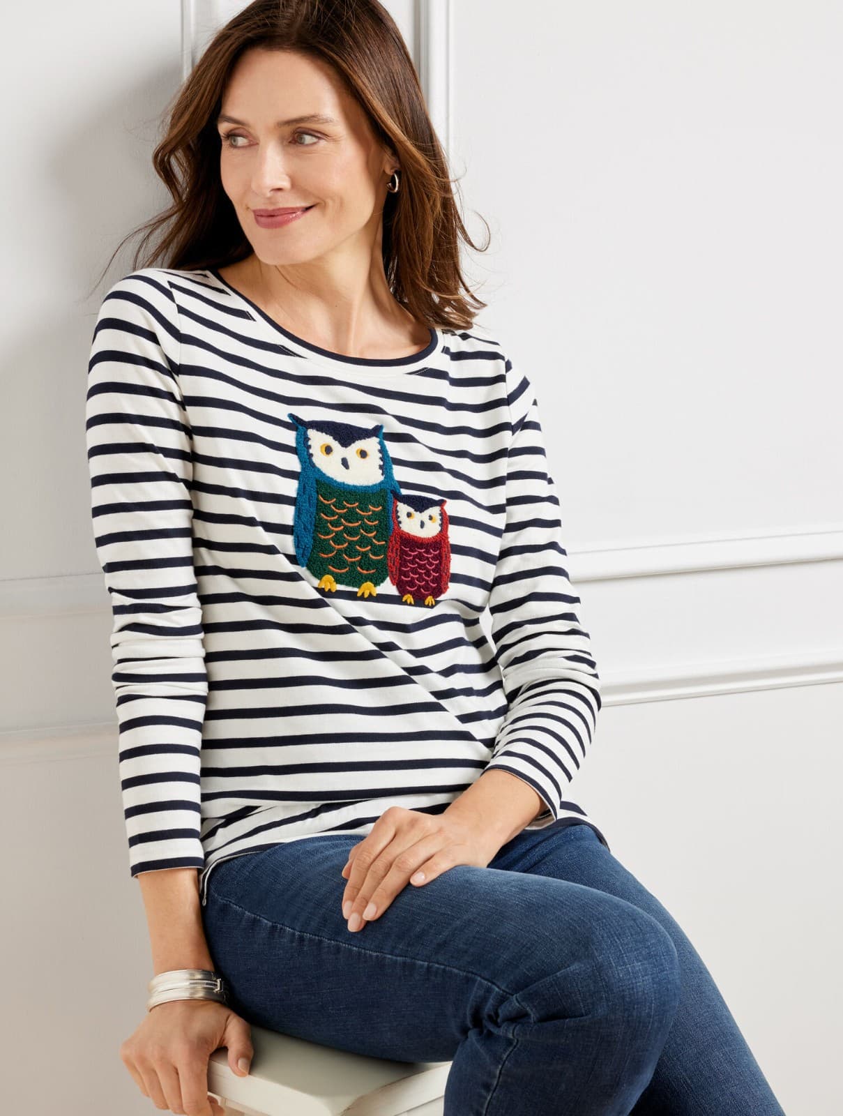 Talbots Embroidered Owl Friends Open Crewneck T-Shirt Stripe Black White Plus X - Thumbnail 2