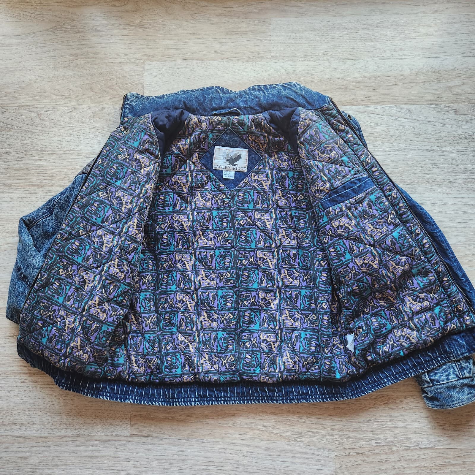Vintage Eagle's Ridge Acid Denim Faux Leather Trim Bomber Jacket Quilt-Lining XL - Thumbnail 10