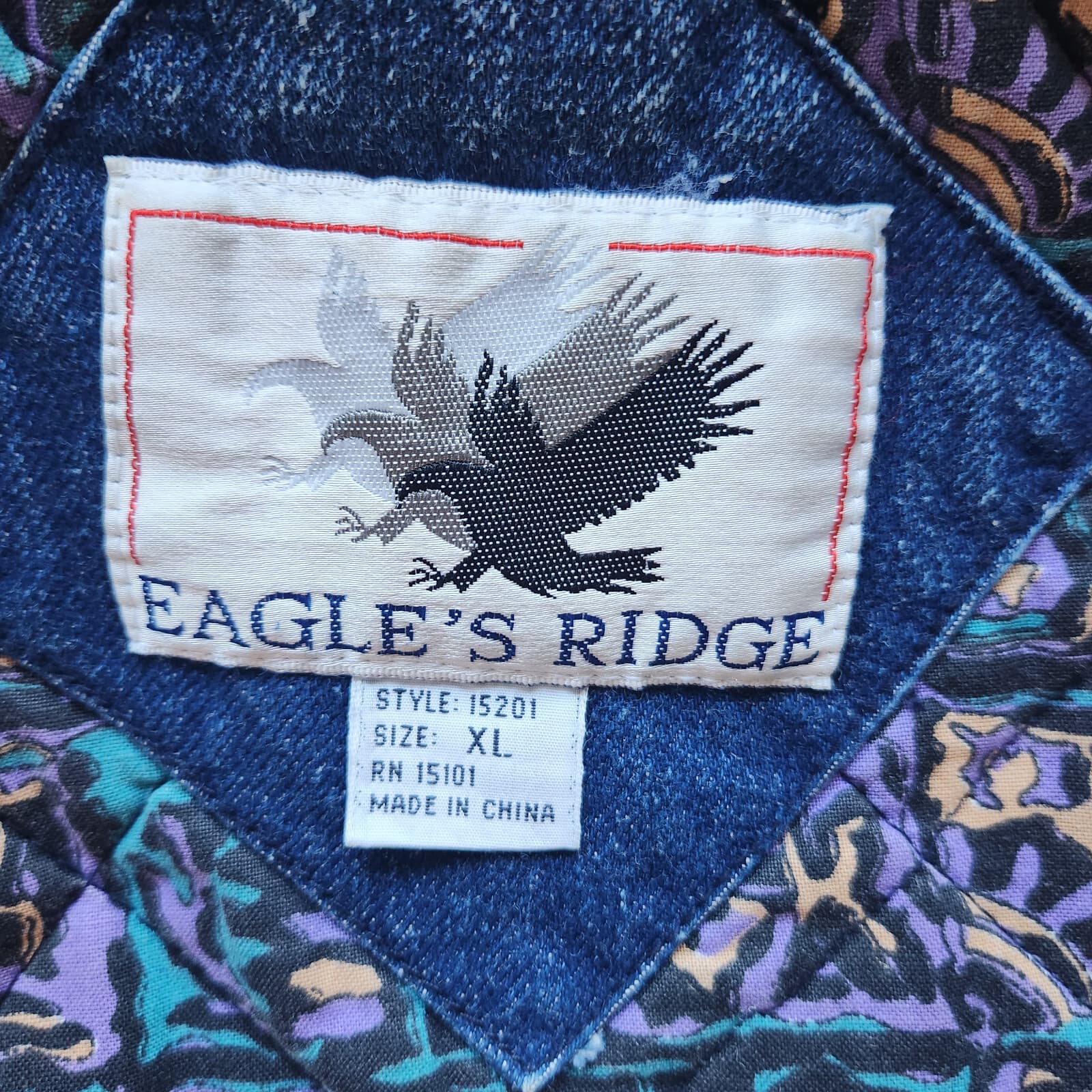 Vintage Eagle's Ridge Acid Denim Faux Leather Trim Bomber Jacket Quilt-Lining XL - Thumbnail 11