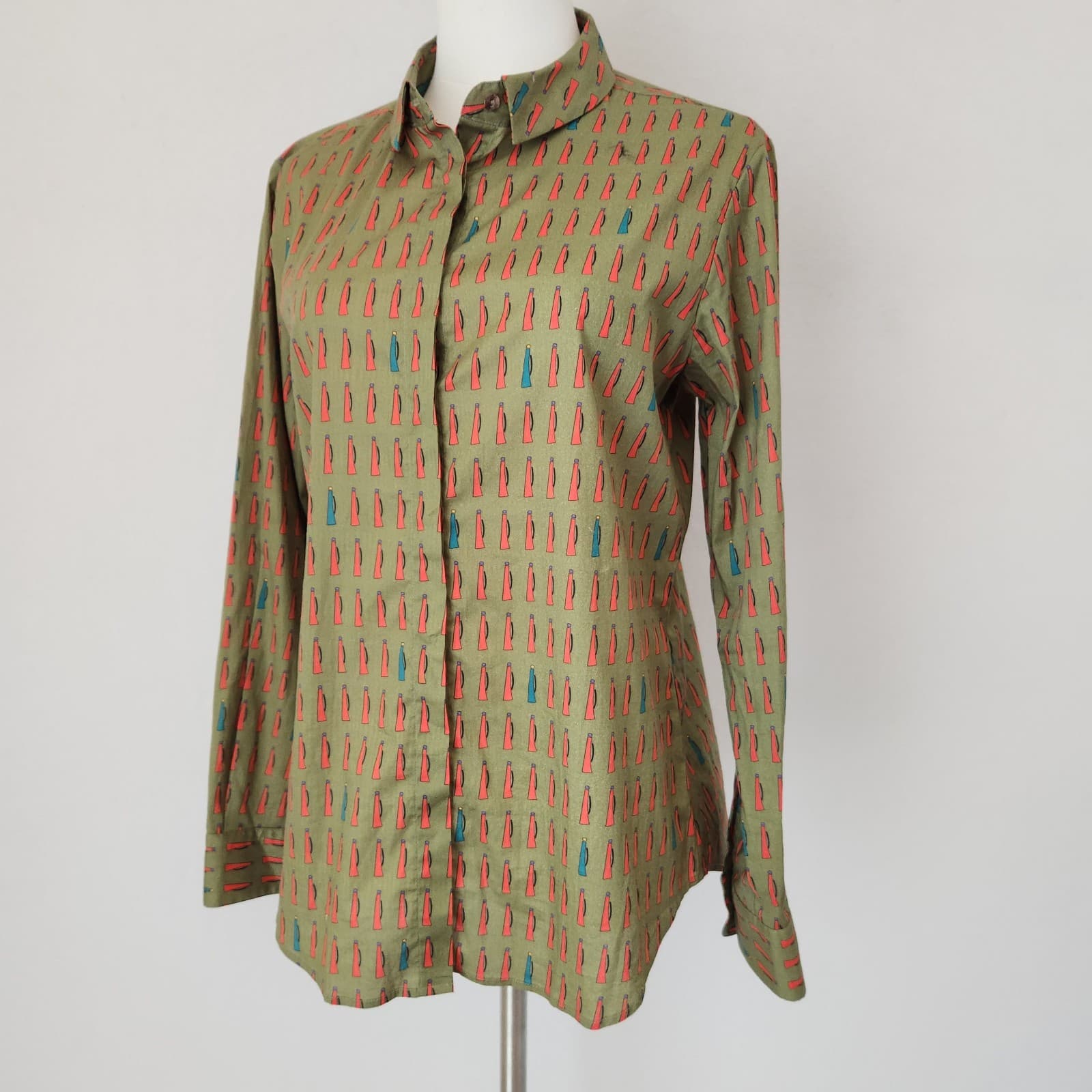 NIU Women's M Shirt Bottle Printed Button-Up Long Sleeve Cotton Blend Green
