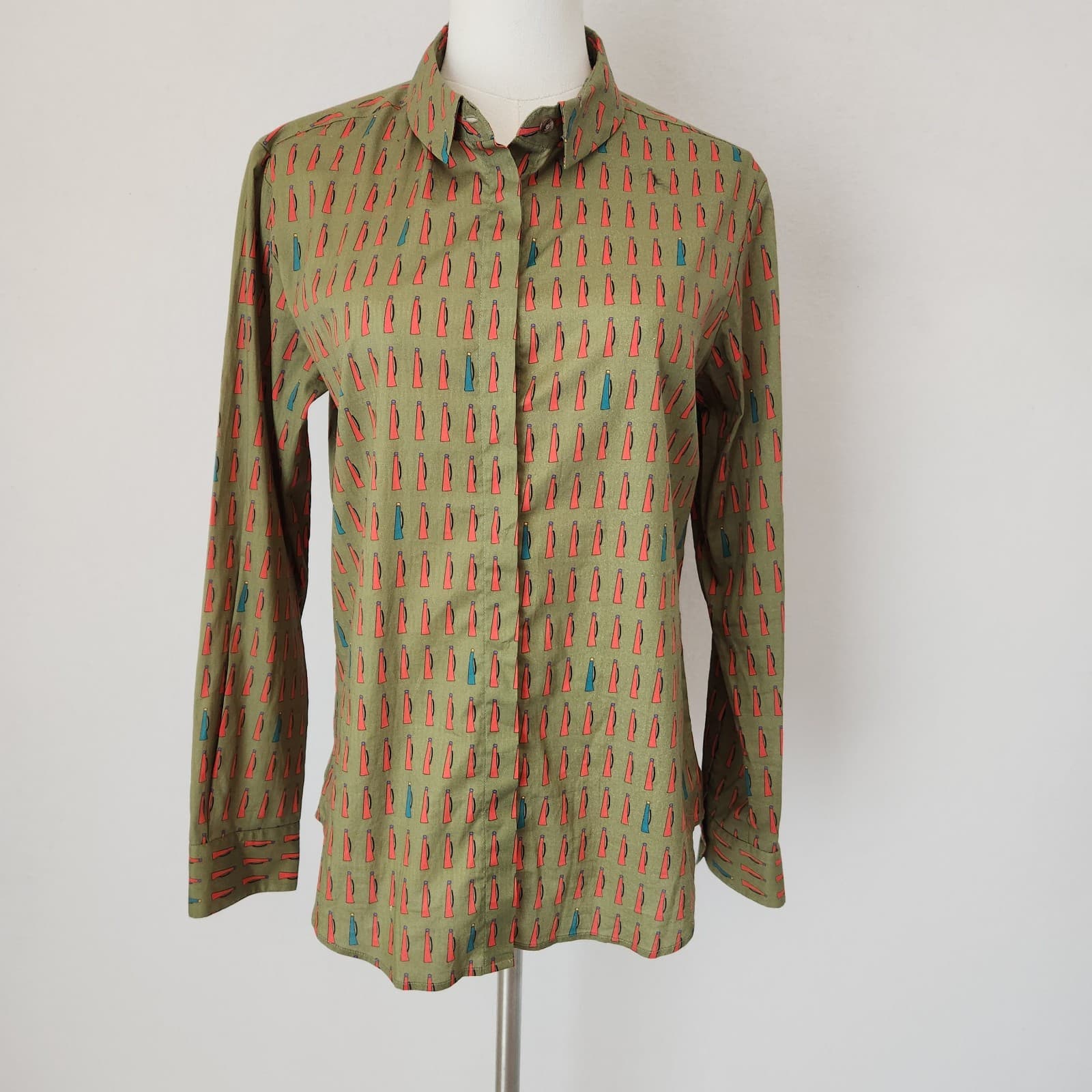 NIU Women's M Shirt Bottle Printed Button-Up Long Sleeve Cotton Blend Green - Thumbnail 2