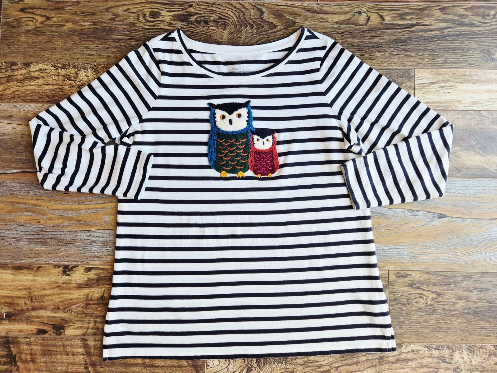 Talbots Embroidered Owl Friends Open Crewneck T-Shirt Stripe Black White Plus X - Thumbnail 6
