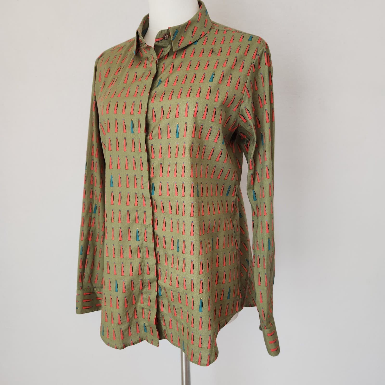 NIU Women's M Shirt Bottle Printed Button-Up Long Sleeve Cotton Blend Green - Thumbnail 3