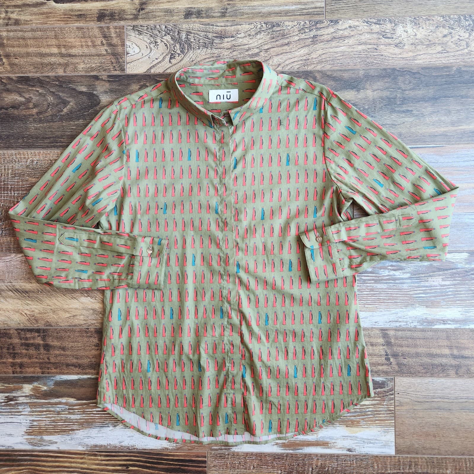 NIU Women's M Shirt Bottle Printed Button-Up Long Sleeve Cotton Blend Green - Thumbnail 5