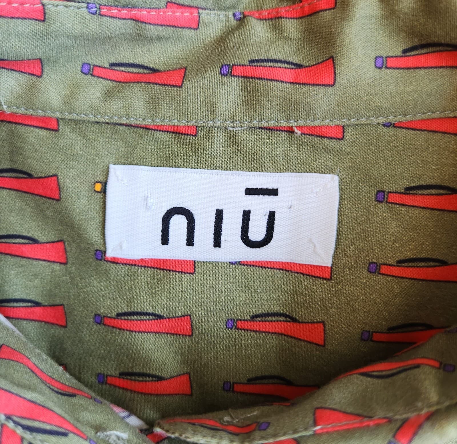 NIU Women's M Shirt Bottle Printed Button-Up Long Sleeve Cotton Blend Green - Thumbnail 7