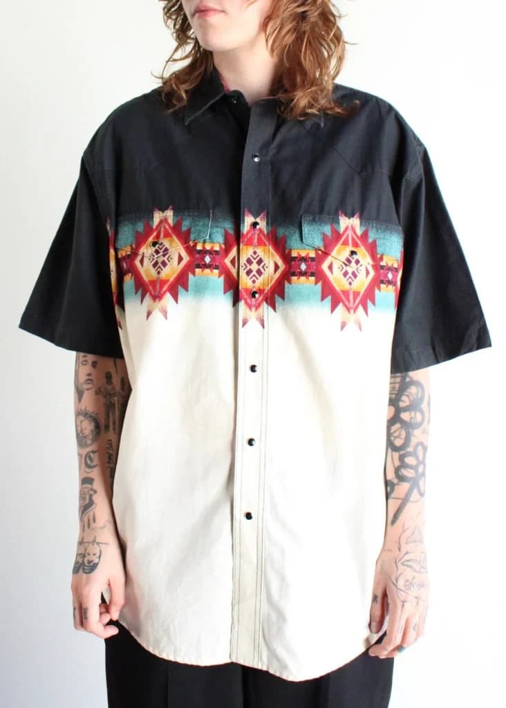 Vintage Wrangler Aztec Navajo Pearl Snap Brushpoppers Western Shirt Pocket Men L - Thumbnail 2