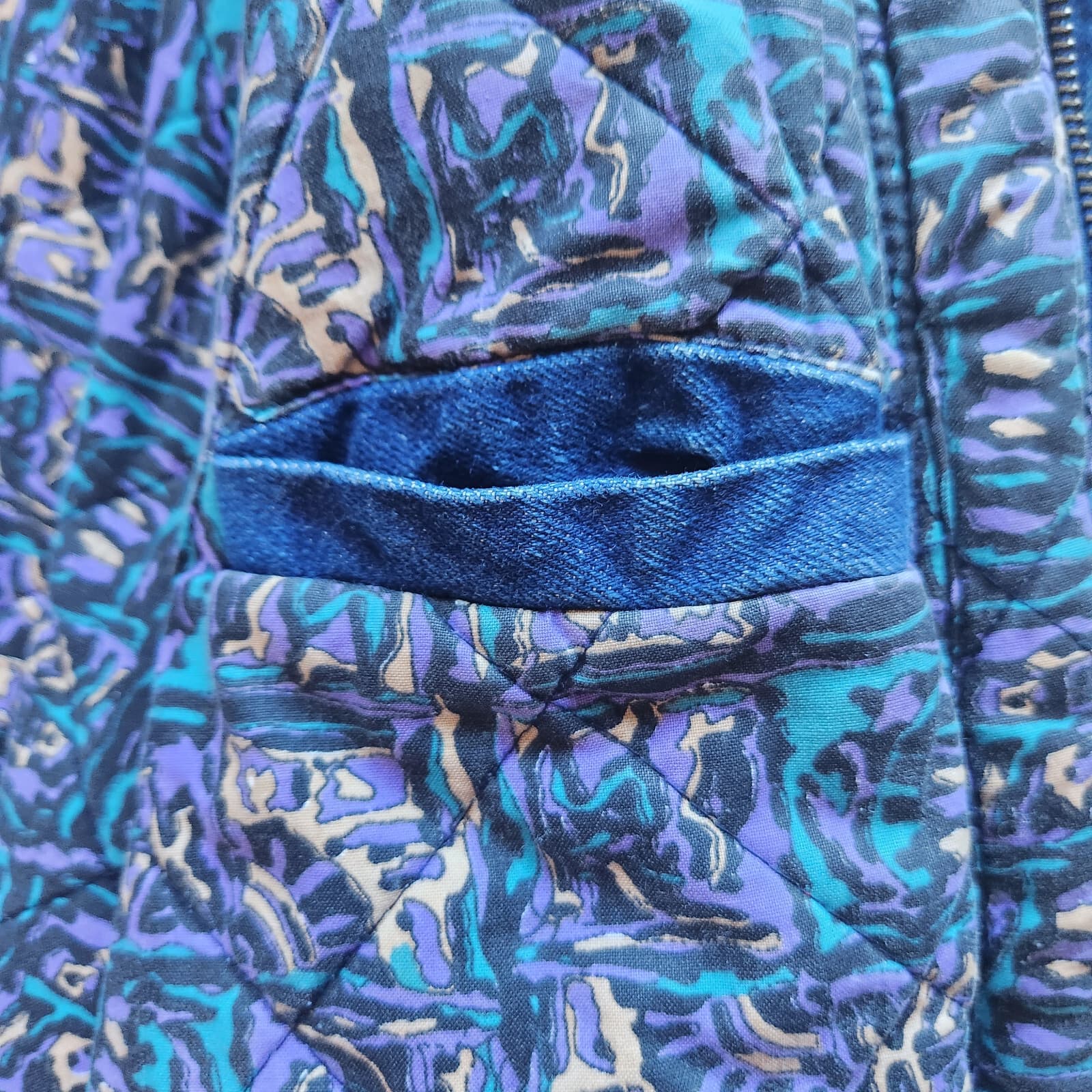 Vintage Eagle's Ridge Acid Denim Faux Leather Trim Bomber Jacket Quilt-Lining XL - Thumbnail 9