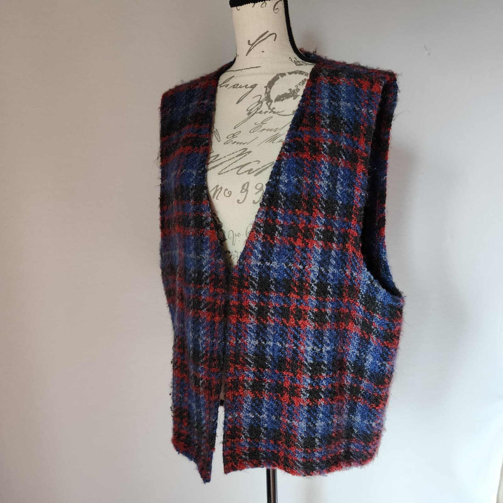 Vintage Boyne Valley Weavers Handcrafted Ireland Plaid Tweed Wool Open Vest Sz.L - Thumbnail 3