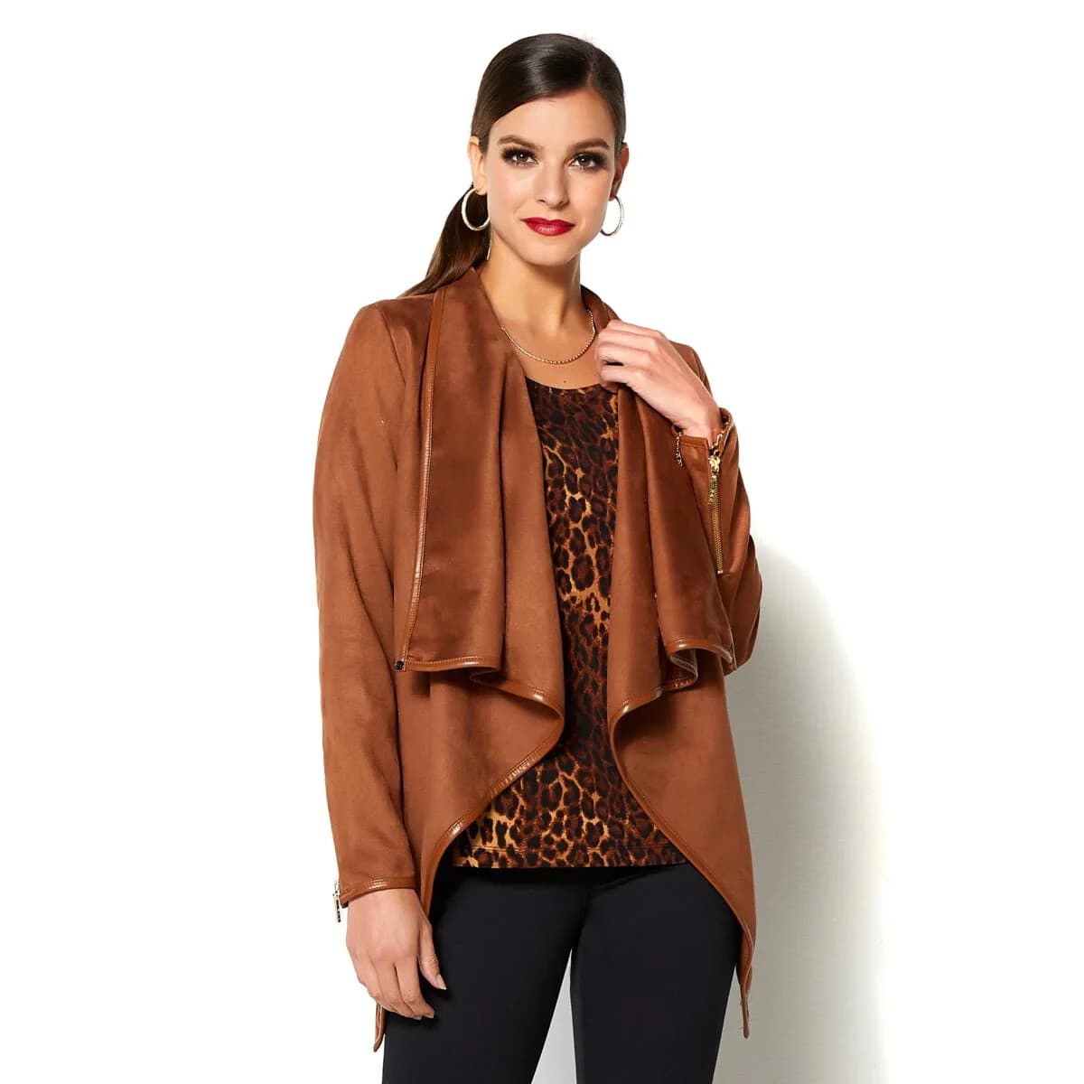IMAN Faux Suede Drap Open Jacket Cuff-Zipper Asymmetric Hem Stretch Black Sz.1X - Thumbnail 3