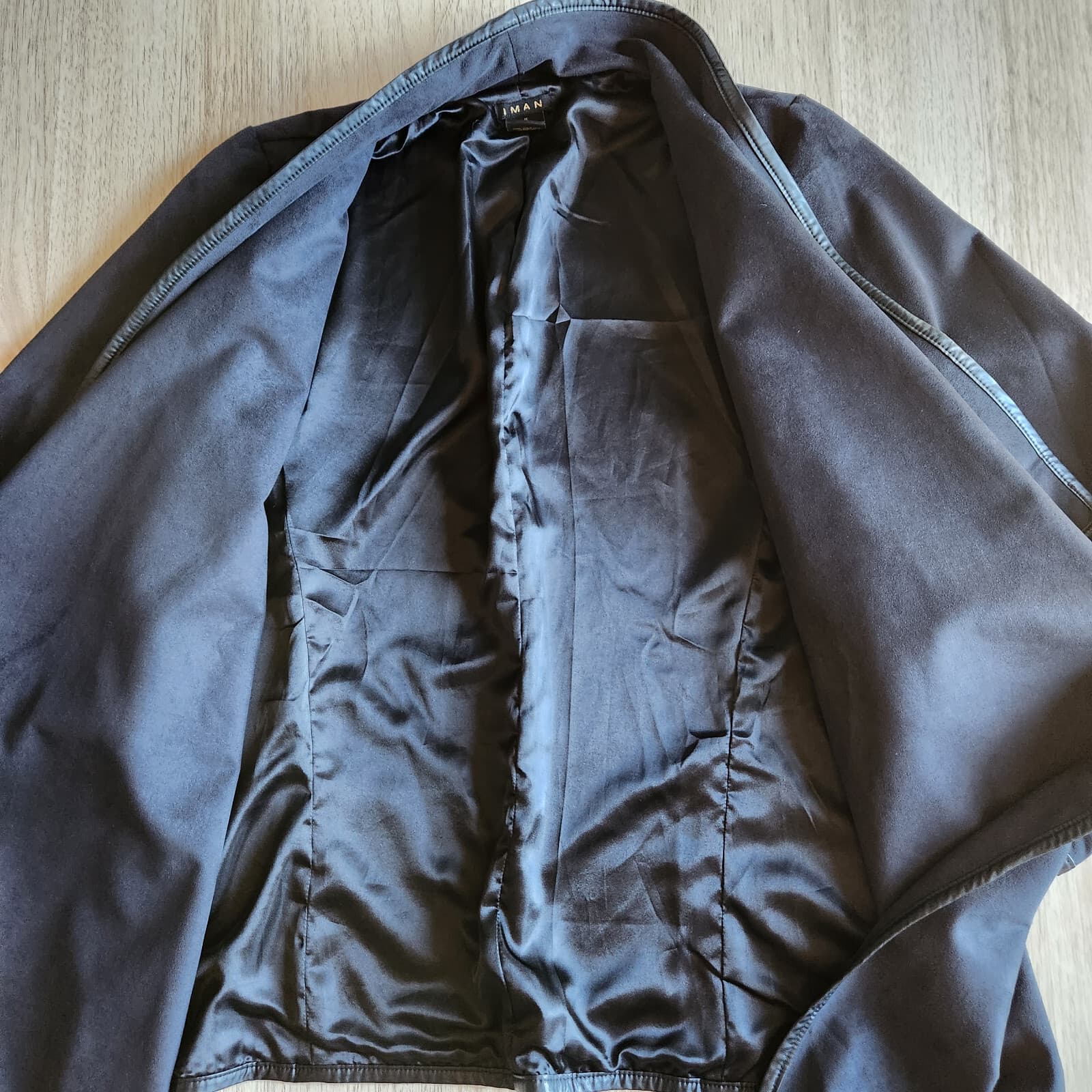 IMAN Faux Suede Drap Open Jacket Cuff-Zipper Asymmetric Hem Stretch Black Sz.1X - Thumbnail 9