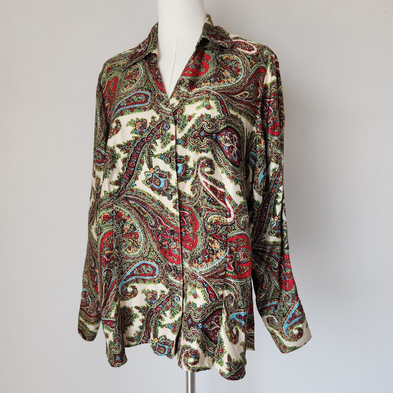 Vintage Talbots Pure Silk Paisley Button-Up Shirt Long Sleeve Green Petites 16W - Thumbnail 2