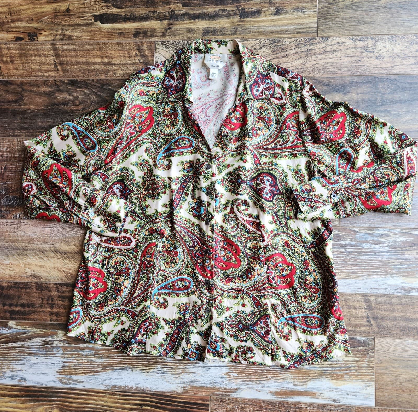 Vintage Talbots Pure Silk Paisley Button-Up Shirt Long Sleeve Green Petites 16W - Thumbnail 5