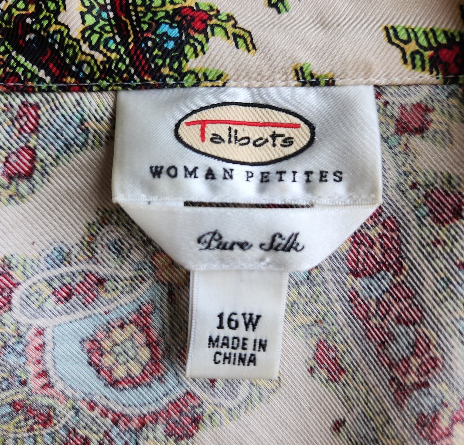 Vintage Talbots Pure Silk Paisley Button-Up Shirt Long Sleeve Green Petites 16W - Thumbnail 6