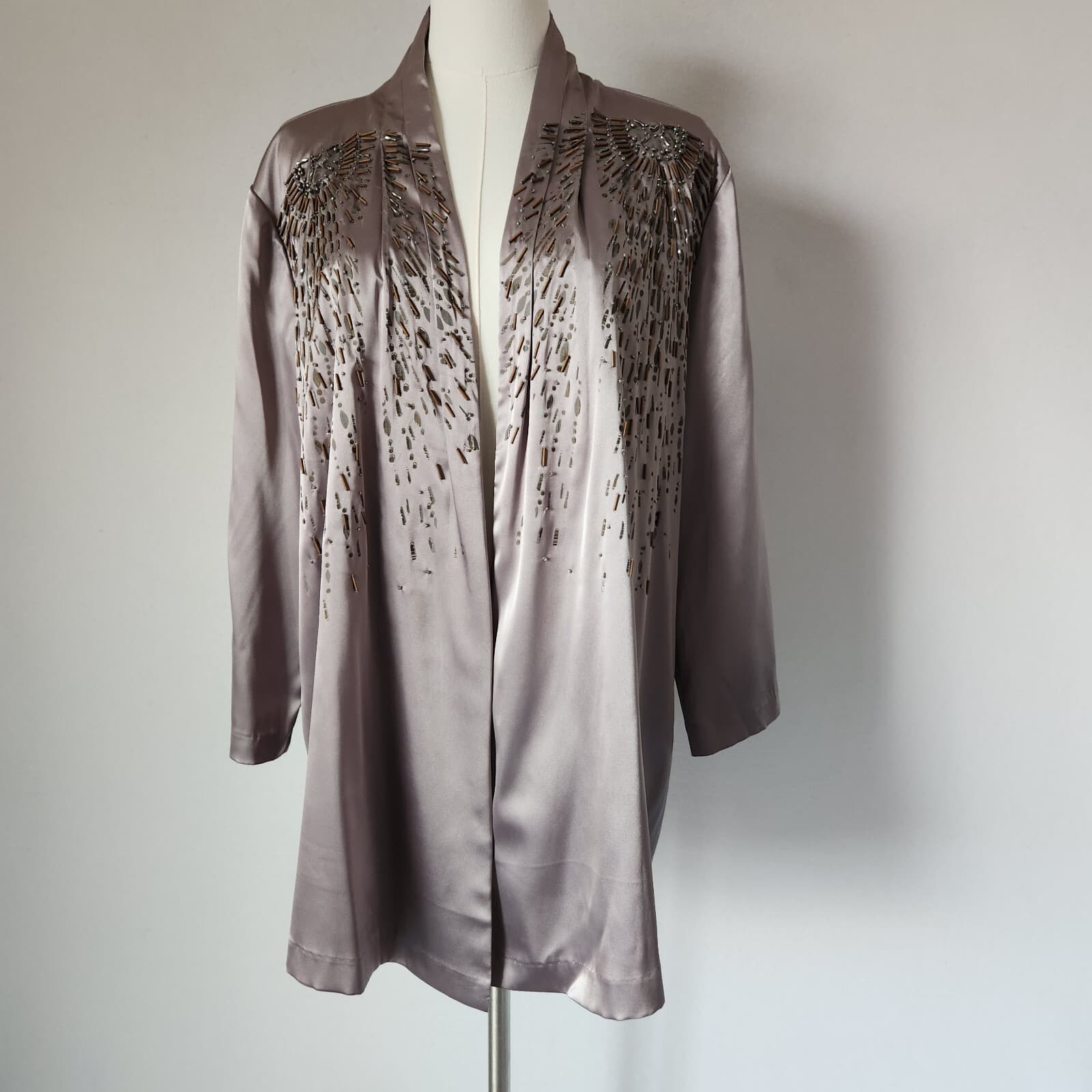 NEW Chico's Travelers Collection Beaded Sunrise Open Jacket Satin Light Cinder 3 - Thumbnail 2