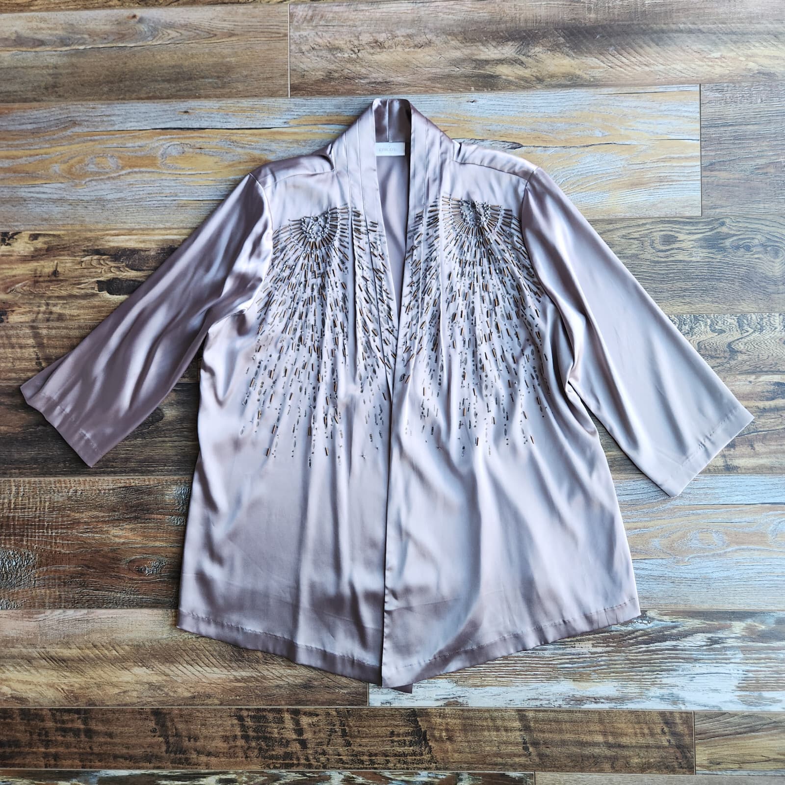 NEW Chico's Travelers Collection Beaded Sunrise Open Jacket Satin Light Cinder 3 - Thumbnail 4