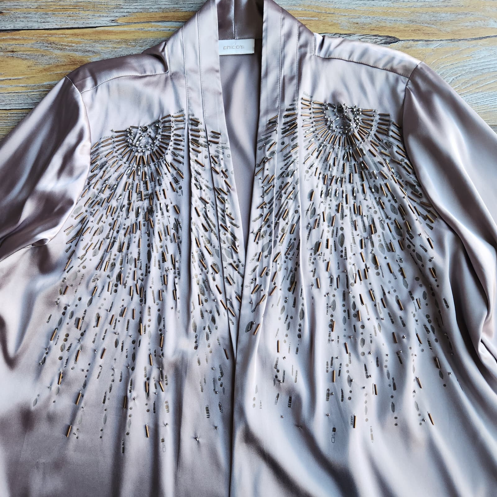 NEW Chico's Travelers Collection Beaded Sunrise Open Jacket Satin Light Cinder 3 - Thumbnail 5