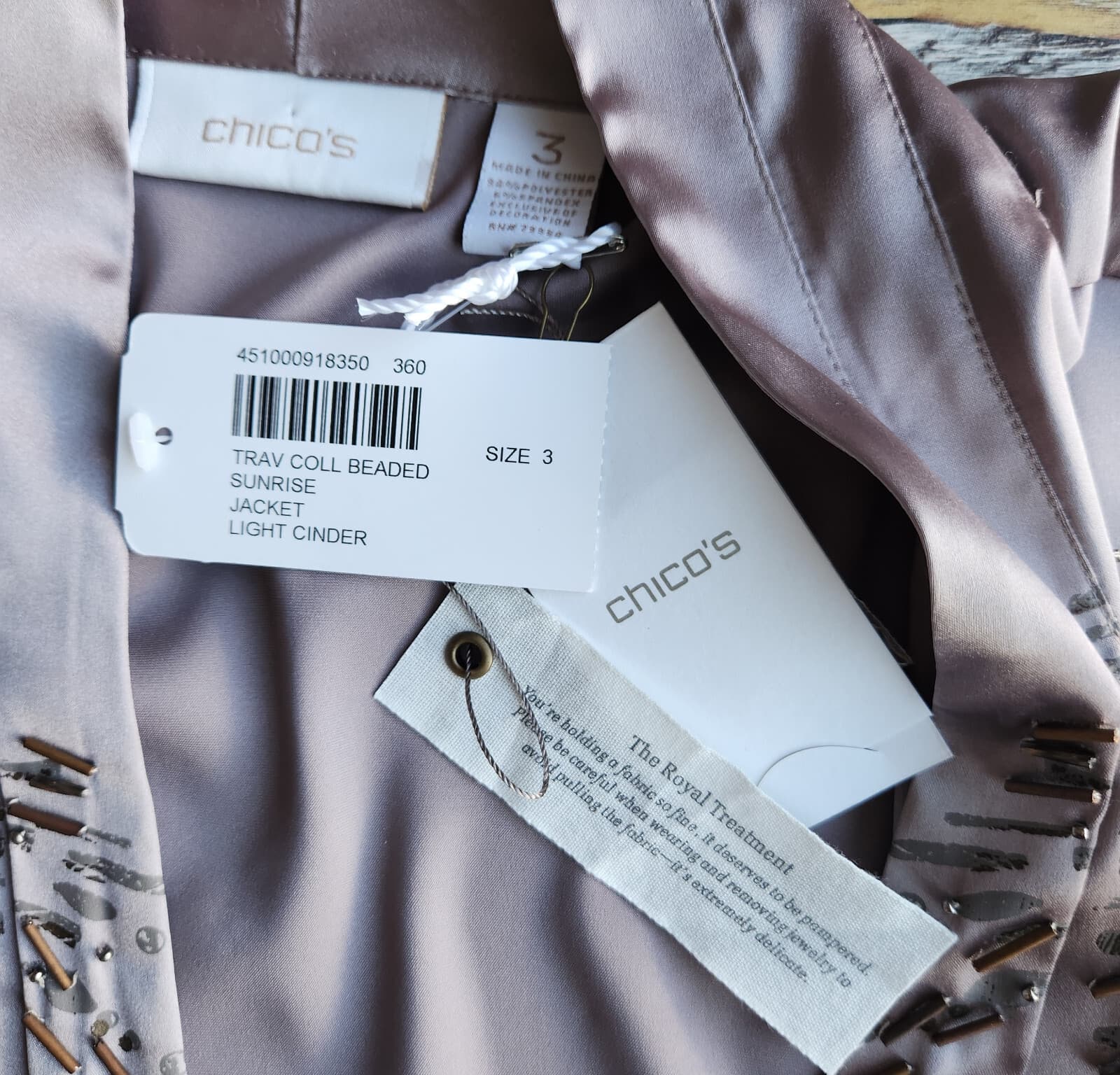 NEW Chico's Travelers Collection Beaded Sunrise Open Jacket Satin Light Cinder 3 - Thumbnail 8