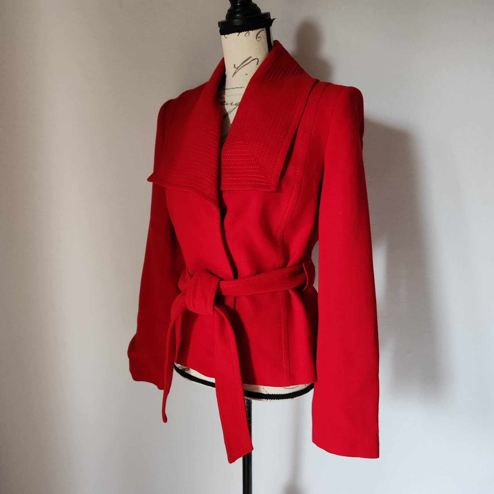 Zara Woman Retro Tie-Waist Coat Jacket Collar Snap Lined Long Sleeve Red Sz.L - Thumbnail 2