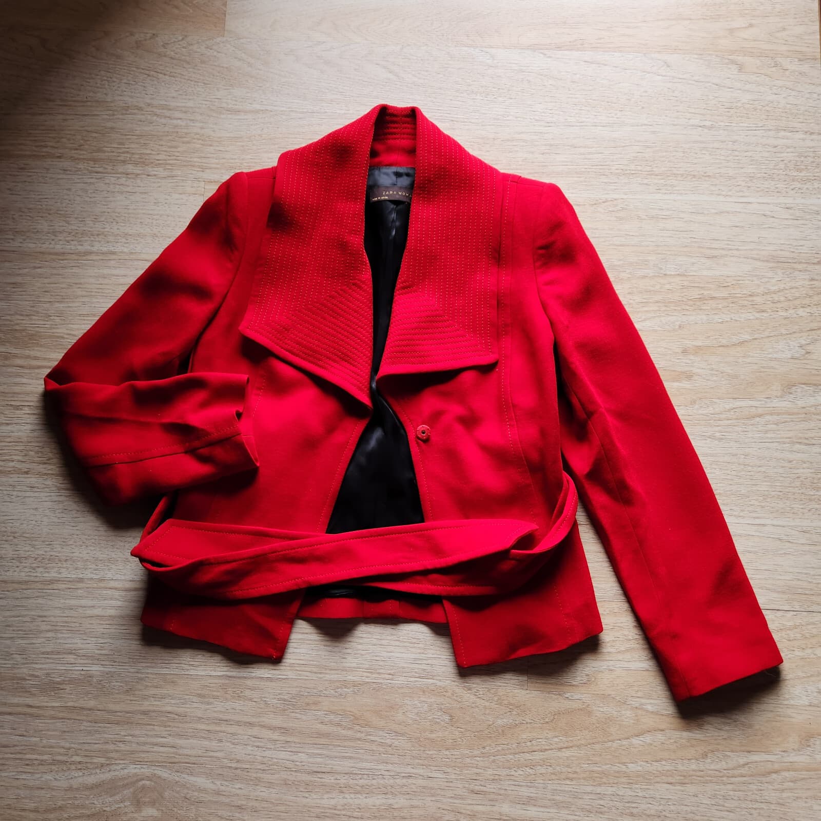 Zara Woman Retro Tie-Waist Coat Jacket Collar Snap Lined Long Sleeve Red Sz.L - Thumbnail 3