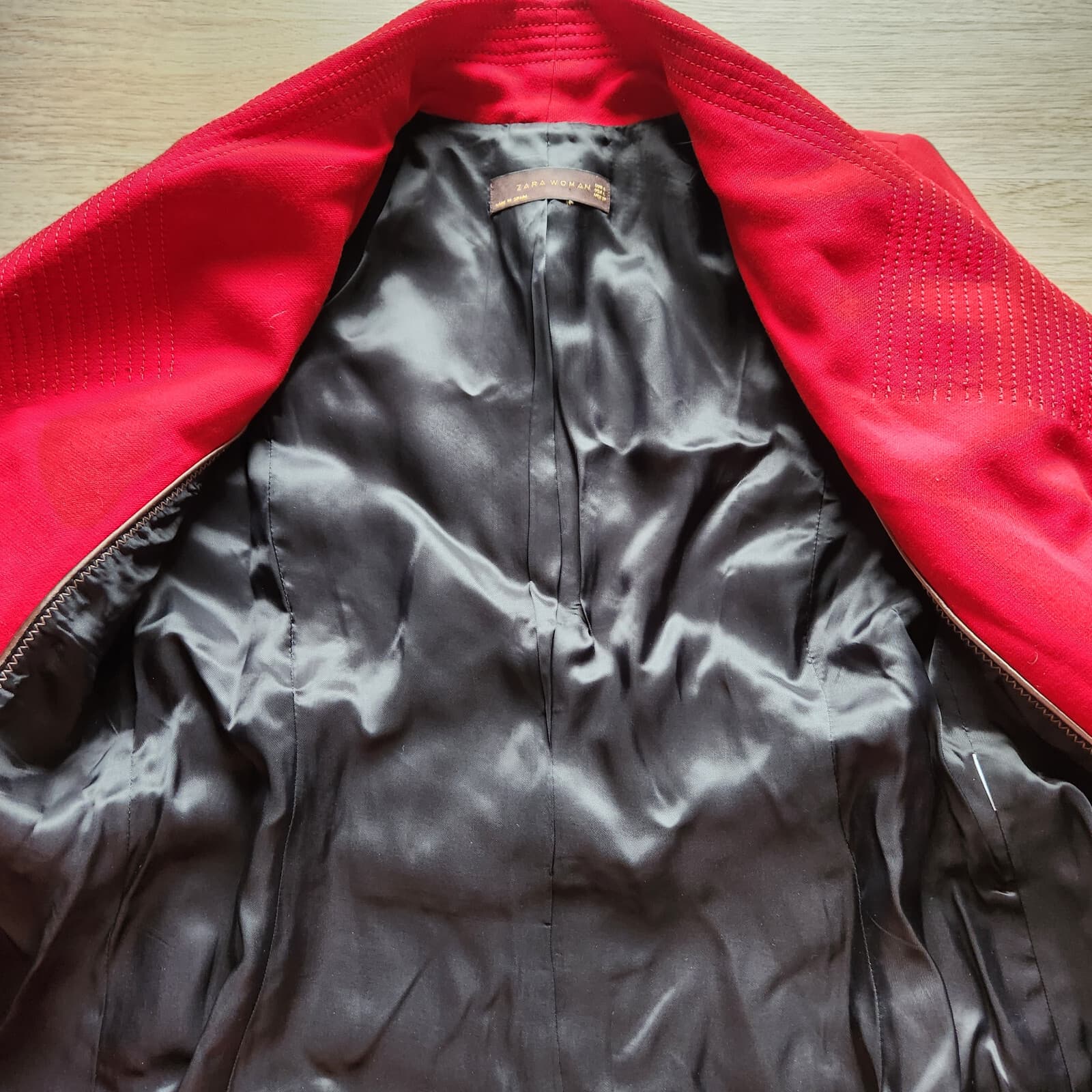 Zara Woman Retro Tie-Waist Coat Jacket Collar Snap Lined Long Sleeve Red Sz.L - Thumbnail 6