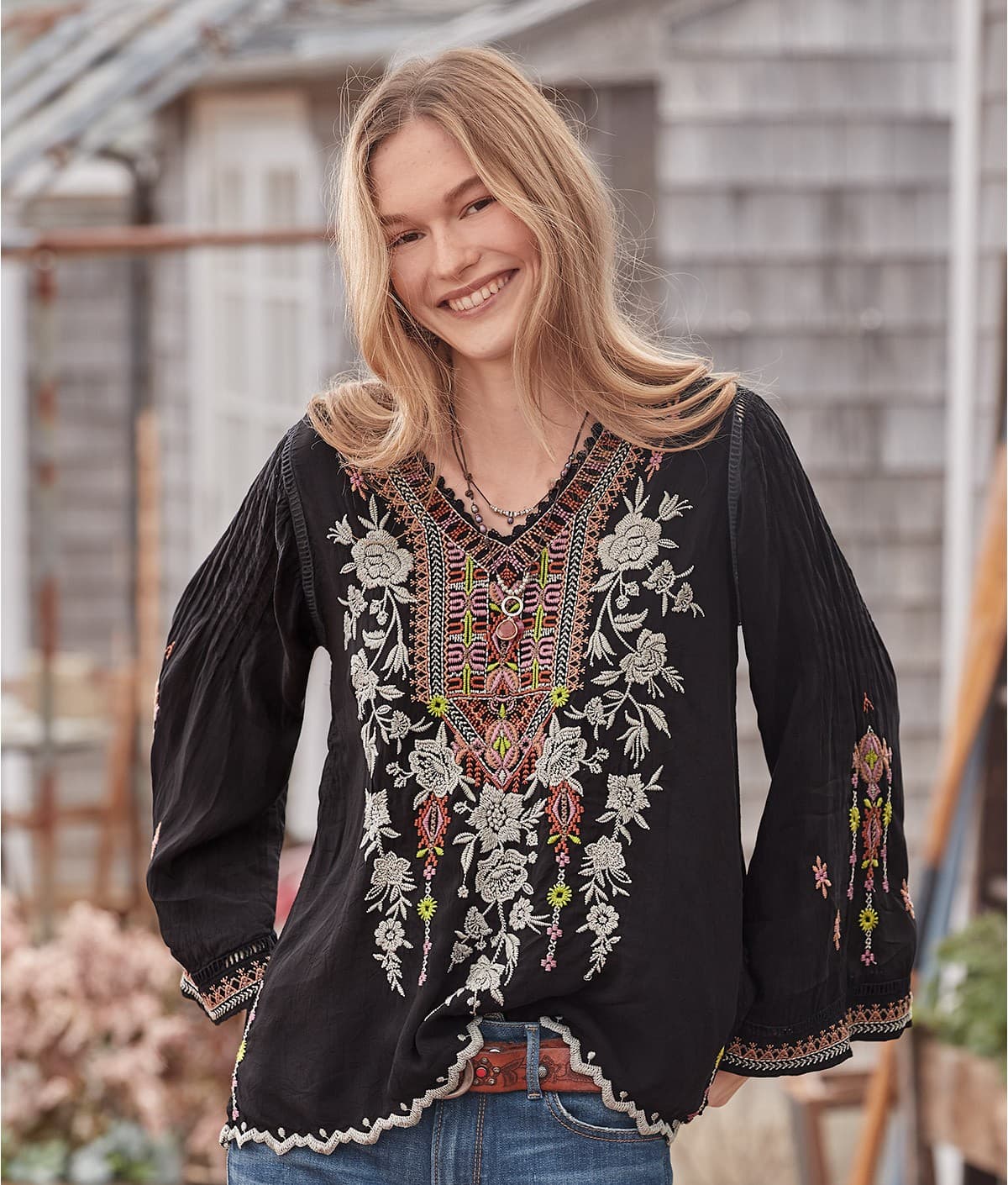 Johnny Was Embroidered Floral Long Pintuck Bell-Sleeve Blouse Black Cupra Sz.S - Thumbnail 3