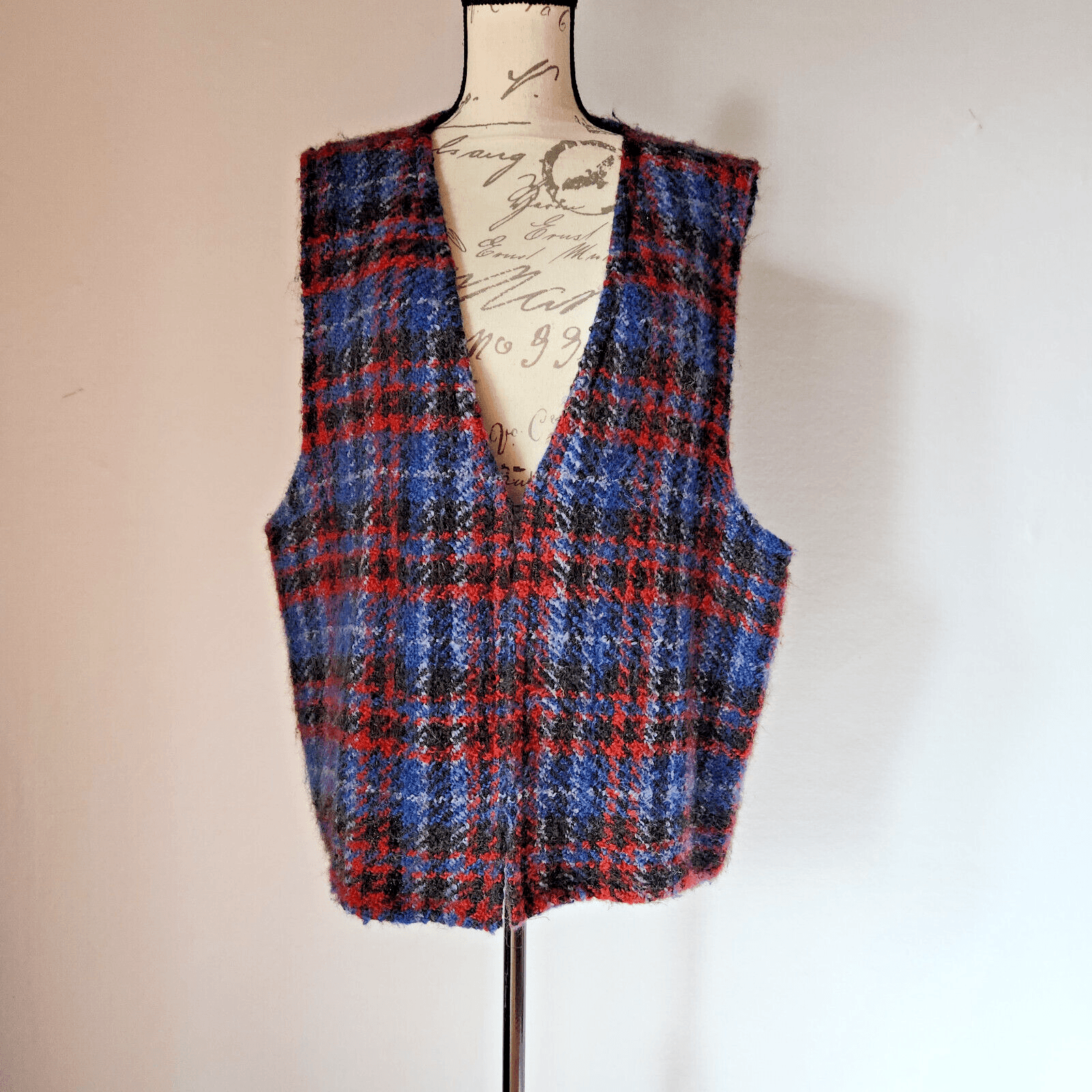 Vintage Boyne Valley Weavers Handcrafted Ireland Plaid Tweed Wool Open Vest Sz.L - Thumbnail 2