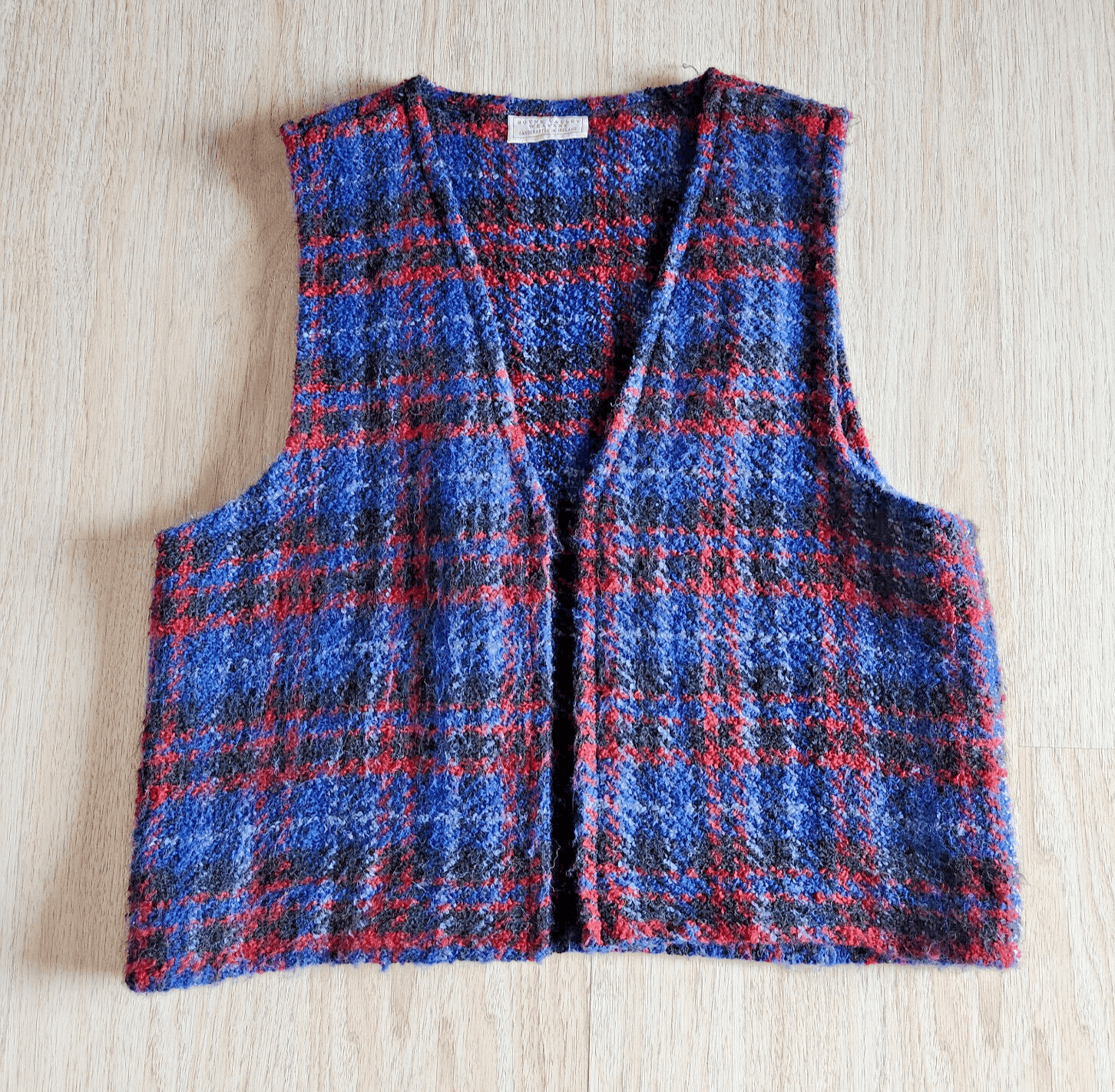 Vintage Boyne Valley Weavers Handcrafted Ireland Plaid Tweed Wool Open Vest Sz.L