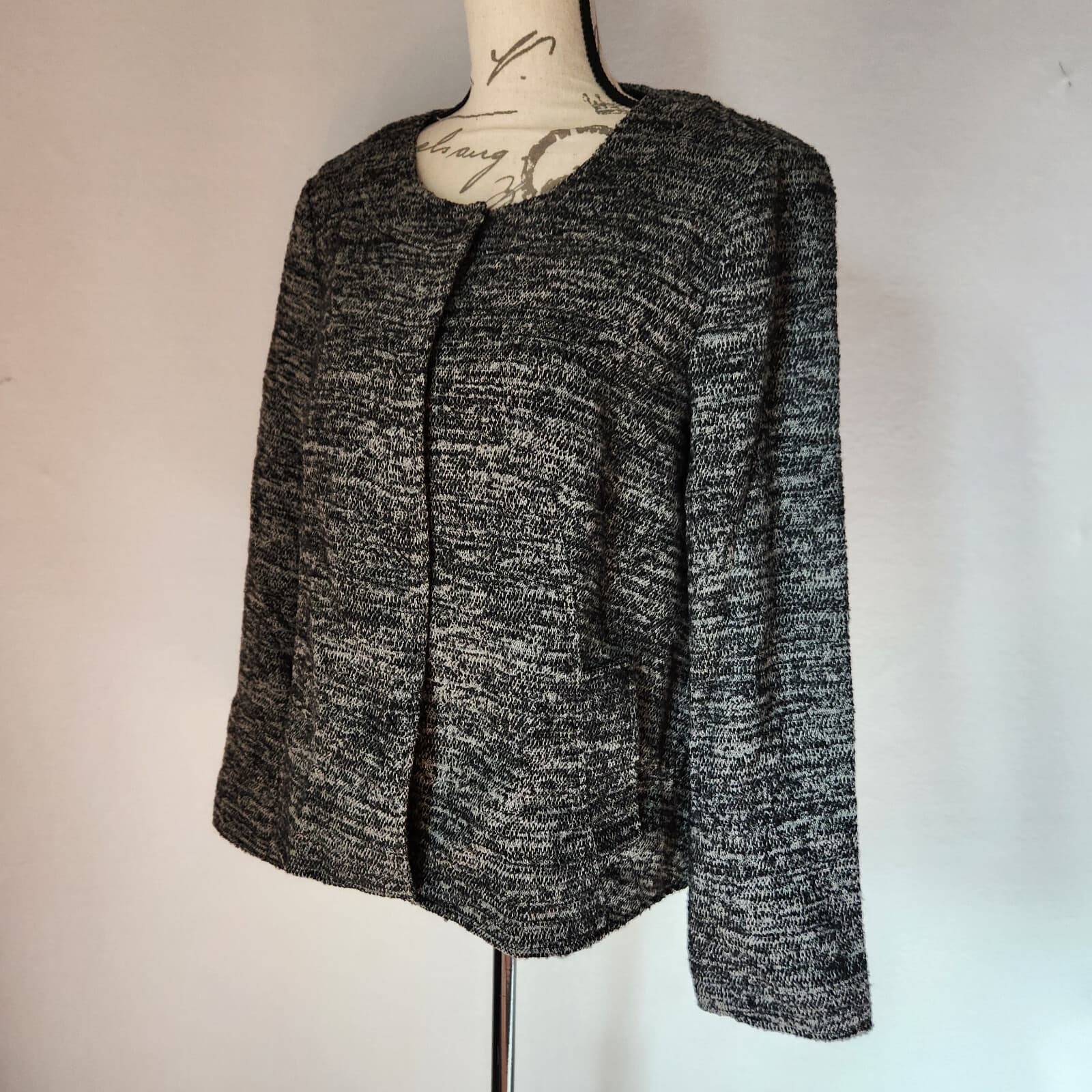 J.Jill Tweed Wool Blend Collarless Jacket Snap Lined Pocket Black Grey Women's L - Thumbnail 3