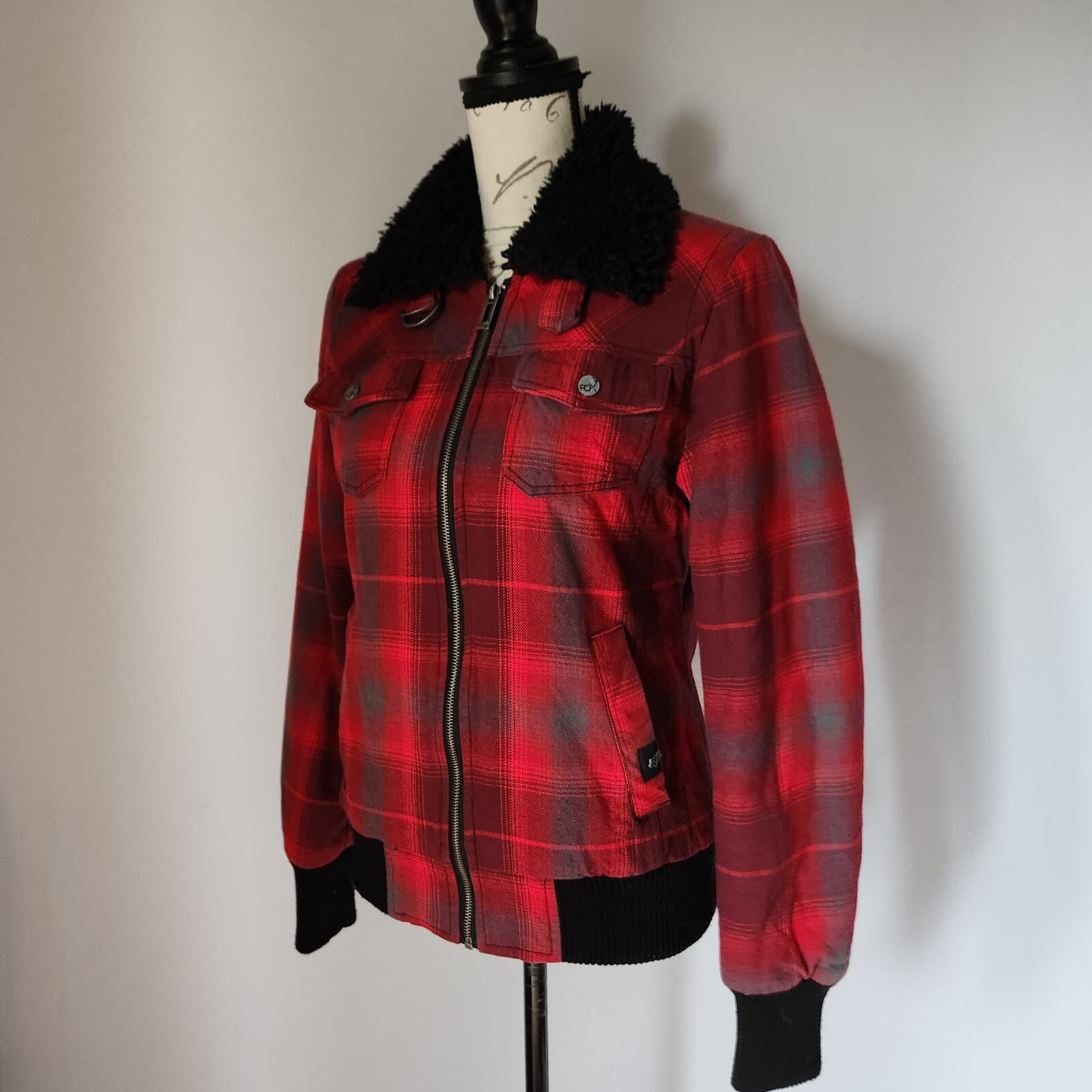 FOX Riders Co Plaid Faux Fur Lining Collar Bomber Moto Jacket Zip Red Women's M - Thumbnail 4