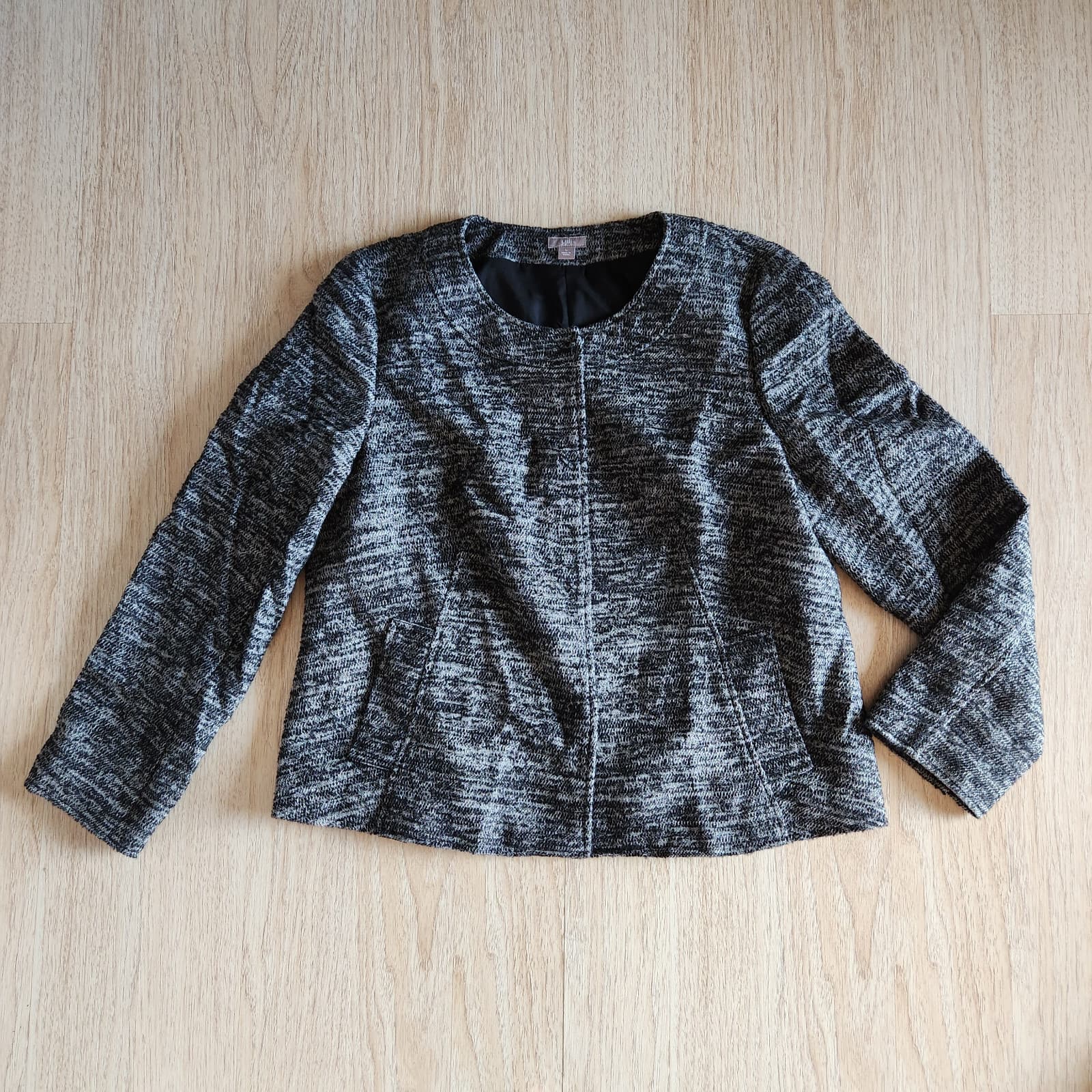 J.Jill Tweed Wool Blend Collarless Jacket Snap Lined Pocket Black Grey Women's L - Thumbnail 2