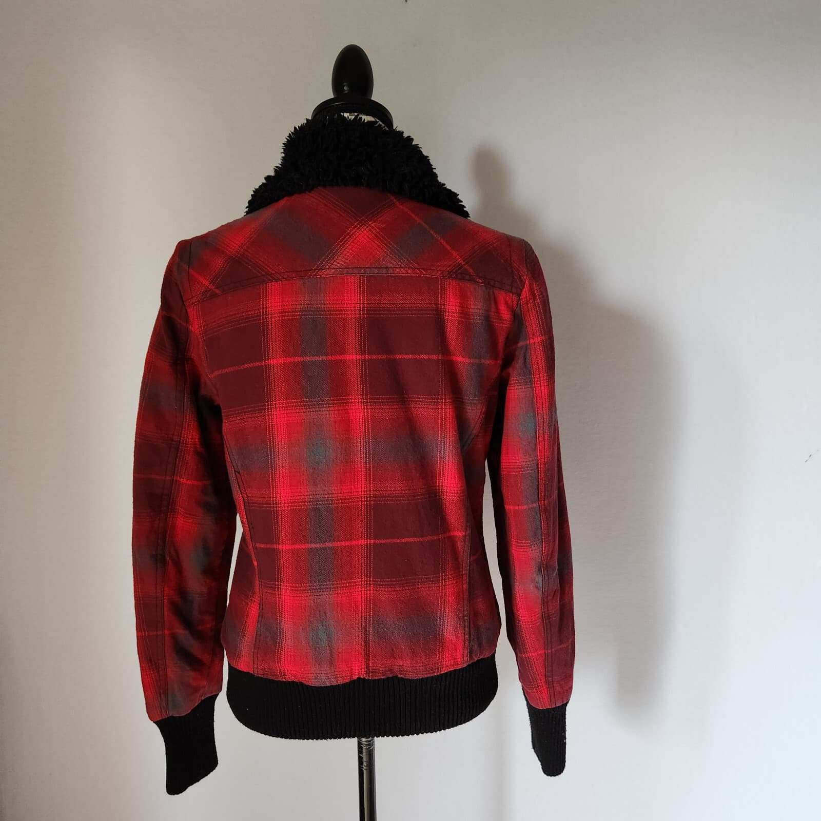 FOX Riders Co Plaid Faux Fur Lining Collar Bomber Moto Jacket Zip Red Women's M - Thumbnail 6