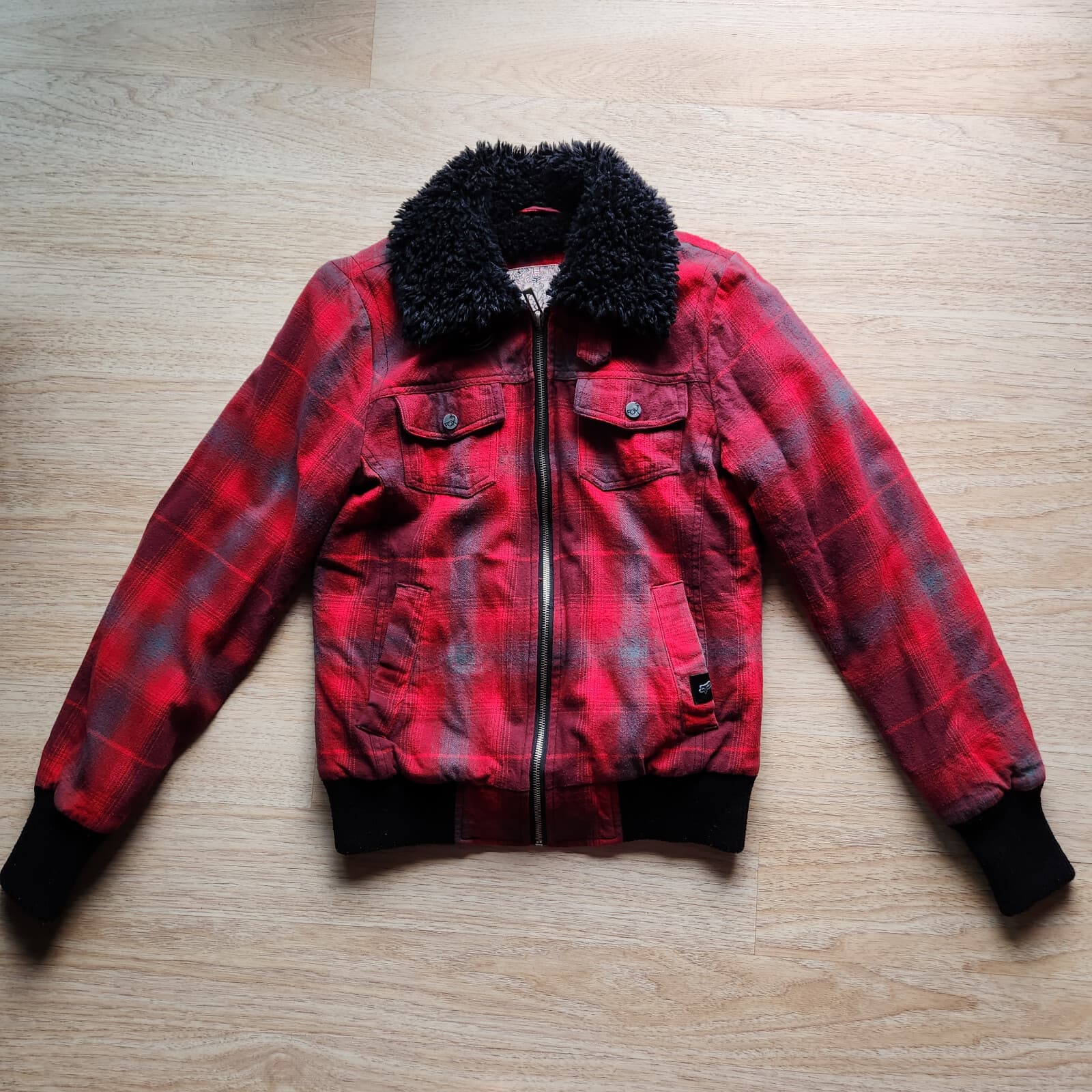 FOX Riders Co Plaid Faux Fur Lining Collar Bomber Moto Jacket Zip Red Women's M - Thumbnail 3