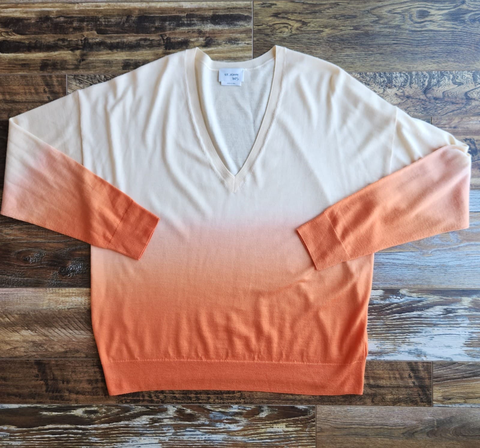 ST. JOHN Wool Silk Blend Ombre Dip Dye V-Neck Tunic Sweater Orange Women's XL - Thumbnail 4