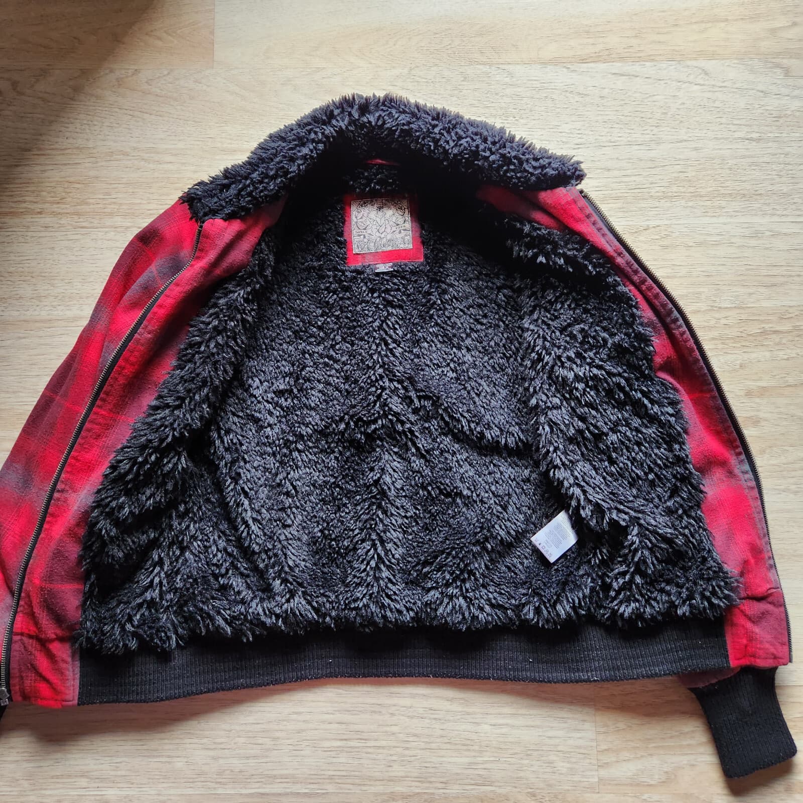 FOX Riders Co Plaid Faux Fur Lining Collar Bomber Moto Jacket Zip Red Women's M - Thumbnail 7