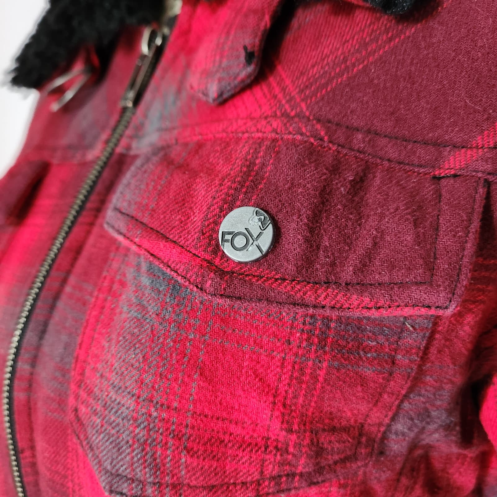 FOX Riders Co Plaid Faux Fur Lining Collar Bomber Moto Jacket Zip Red Women's M - Thumbnail 5