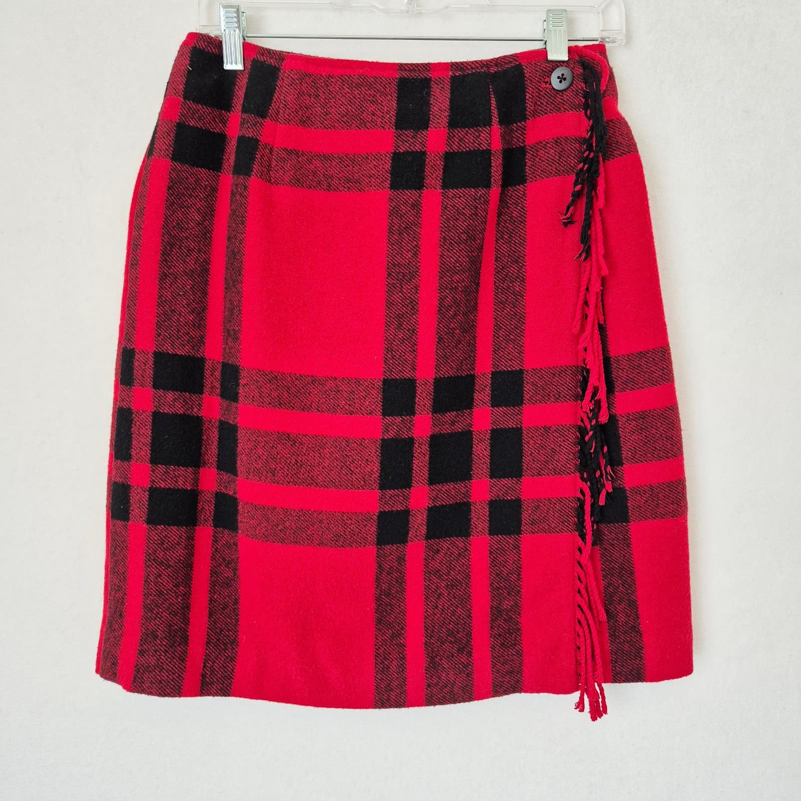 Vintage Talbots USA Fleece Wool Blend Red Black Check Fringe Mini Wrap Skirt 4P - Thumbnail 2