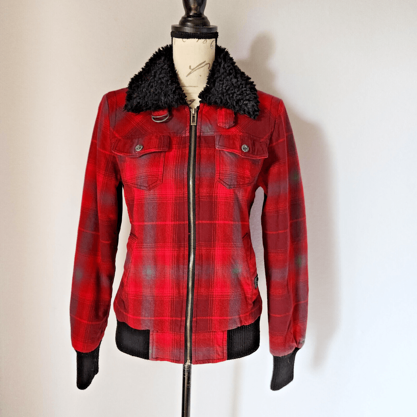FOX Riders Co Plaid Faux Fur Lining Collar Bomber Moto Jacket Zip Red Women's M - Thumbnail 2